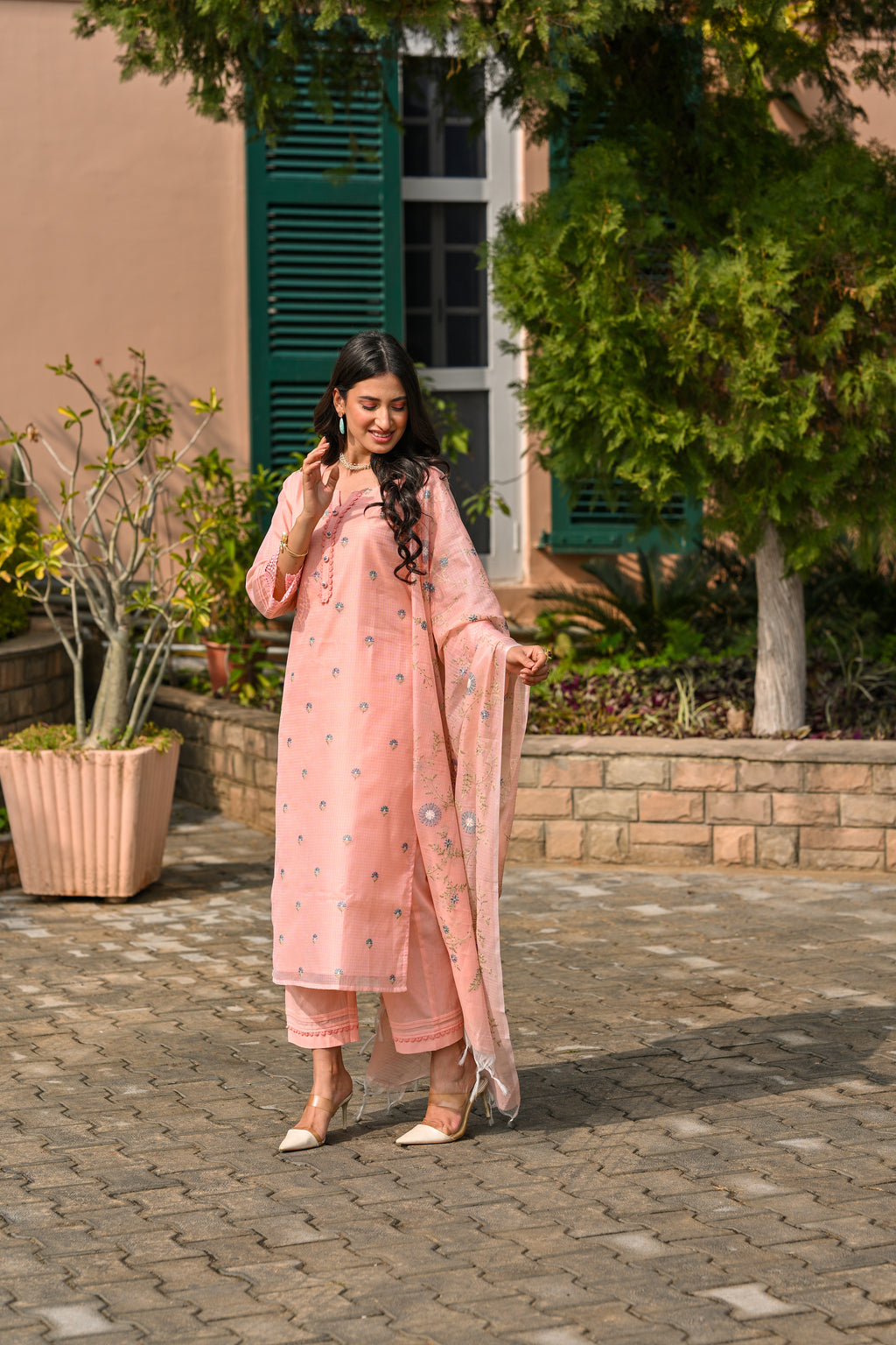 Peach Spring Kota Doriya Thread Work Embroidery Suit Set with Lace -SET OF-3