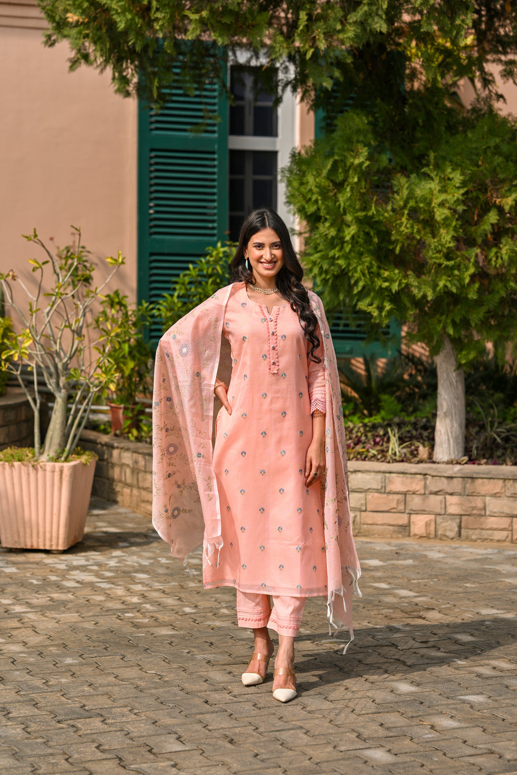 Peach Spring Kota Doriya Thread Work Embroidery Suit Set with Lace -SET OF-3