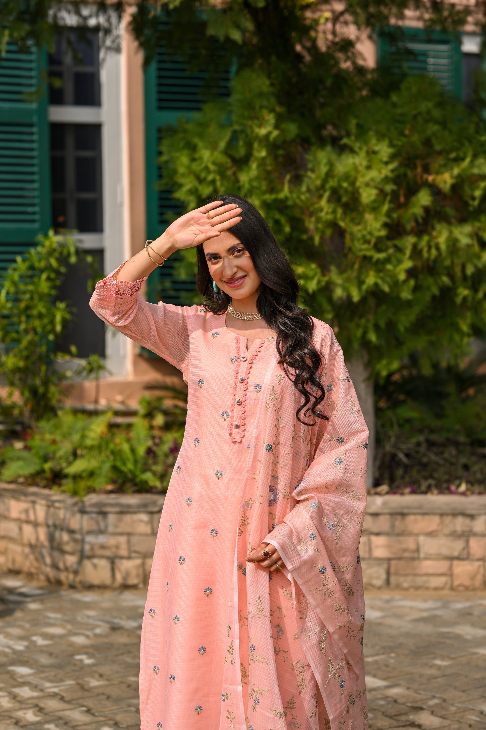 Peach Spring Kota Doriya Thread Work Embroidery Suit Set with Lace -SET OF-3