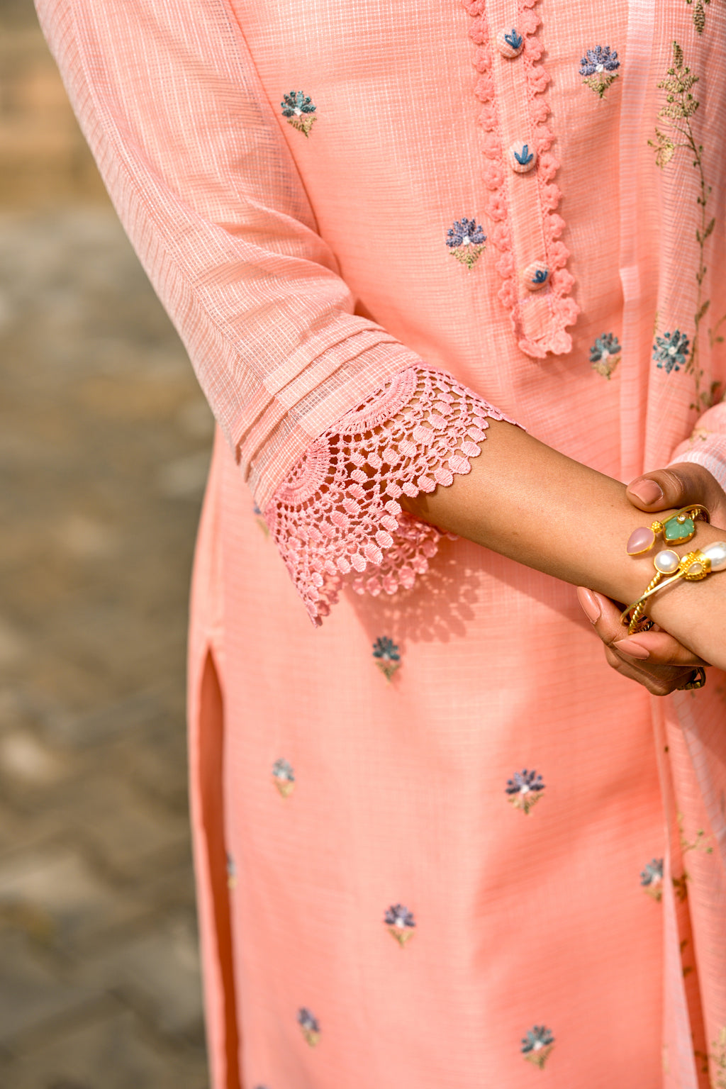 Peach Spring Kota Doriya Thread Work Embroidery Suit Set with Lace -SET OF-3