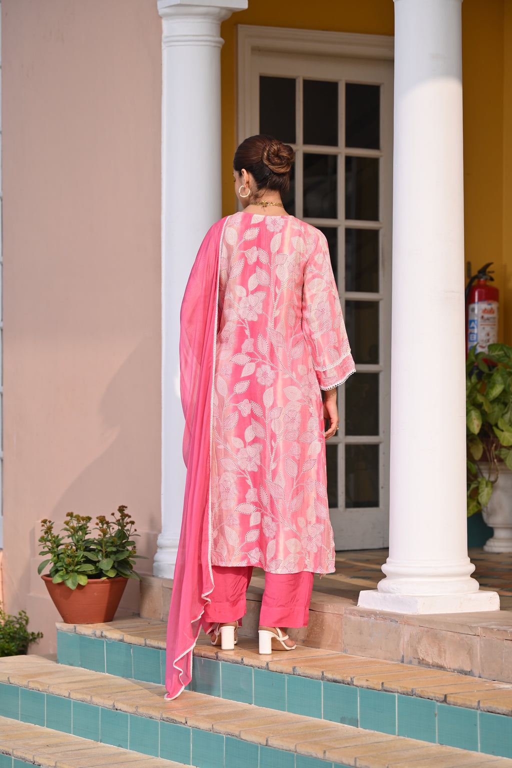 Spring Shaded Blue Muslin Suit Set with Chiffon Dupatta and Lace -SET OF -3