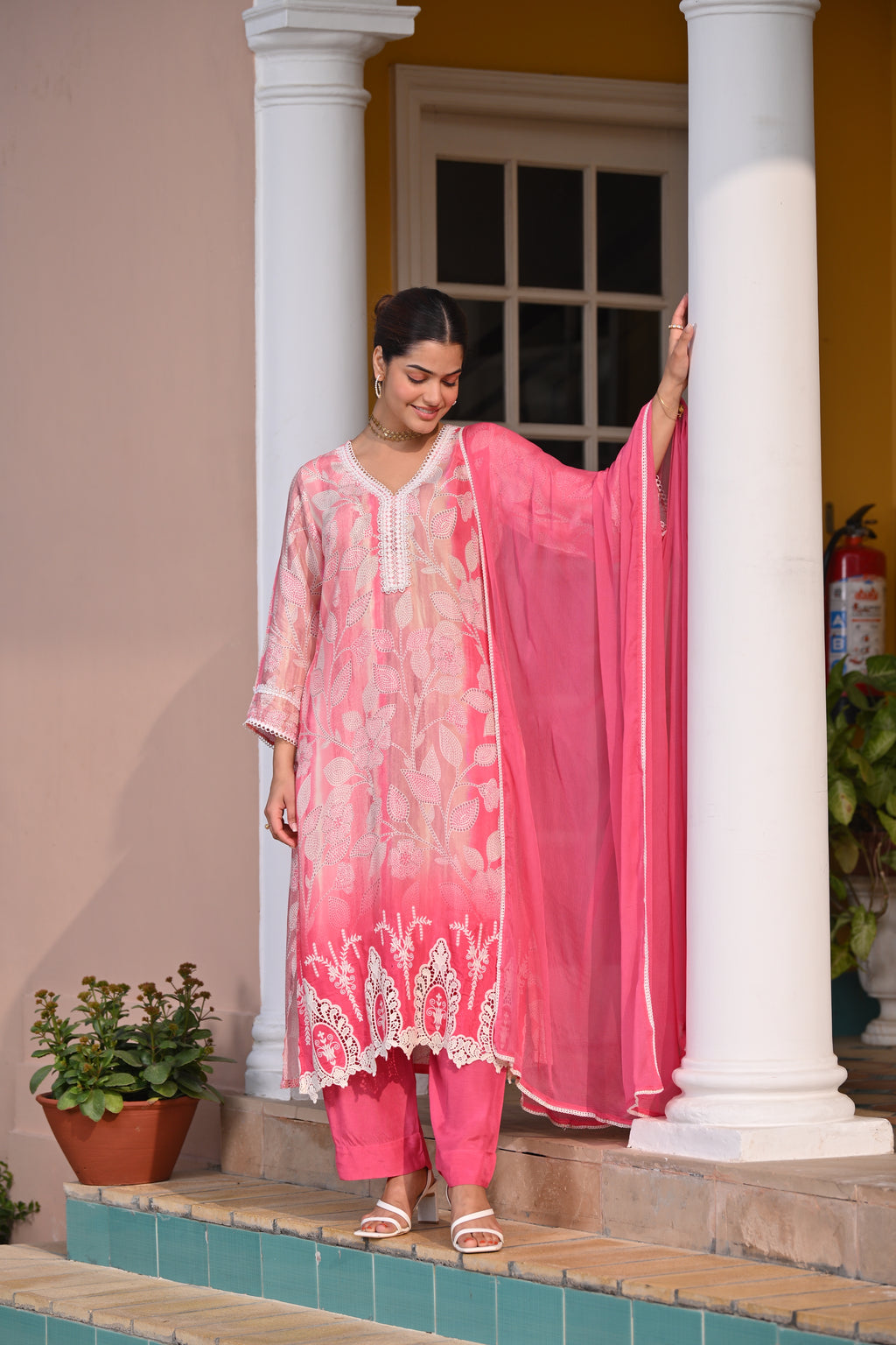 Spring Shaded Blue Muslin Suit Set with Chiffon Dupatta and Lace -SET OF -3