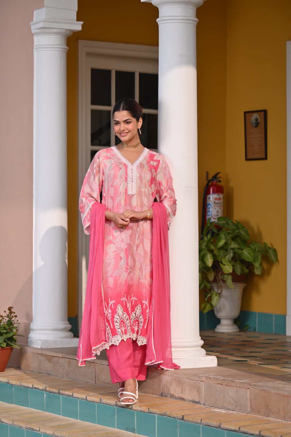 Spring Shaded Blue Muslin Suit Set with Chiffon Dupatta and Lace -SET OF -3