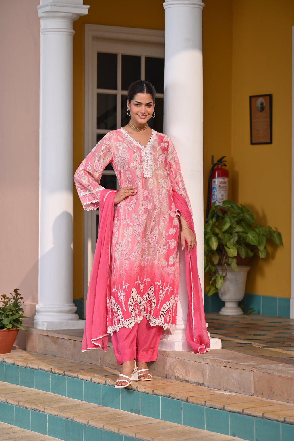 Spring Shaded Blue Muslin Suit Set with Chiffon Dupatta and Lace -SET OF -3