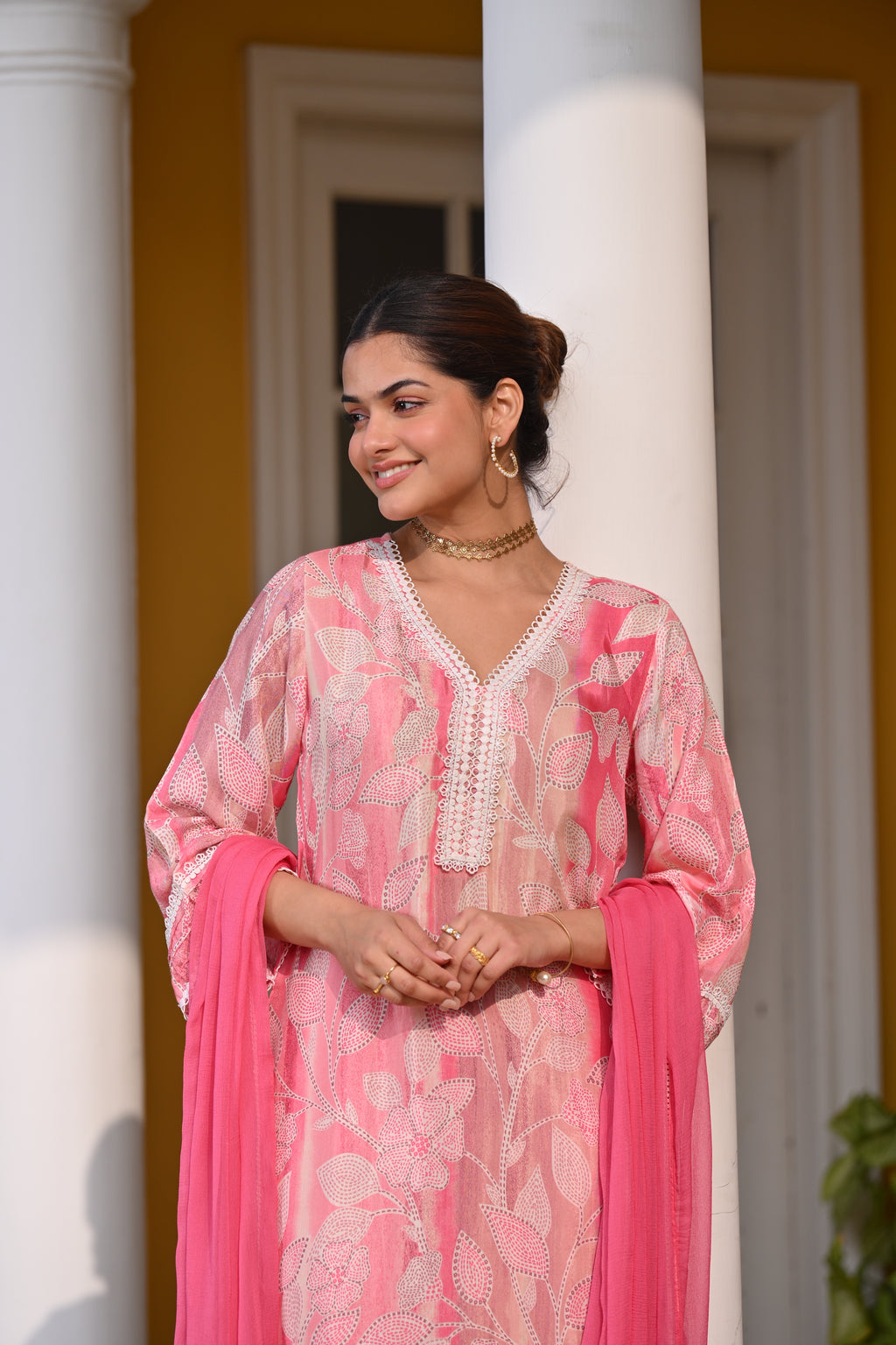 Spring Shaded Blue Muslin Suit Set with Chiffon Dupatta and Lace -SET OF -3