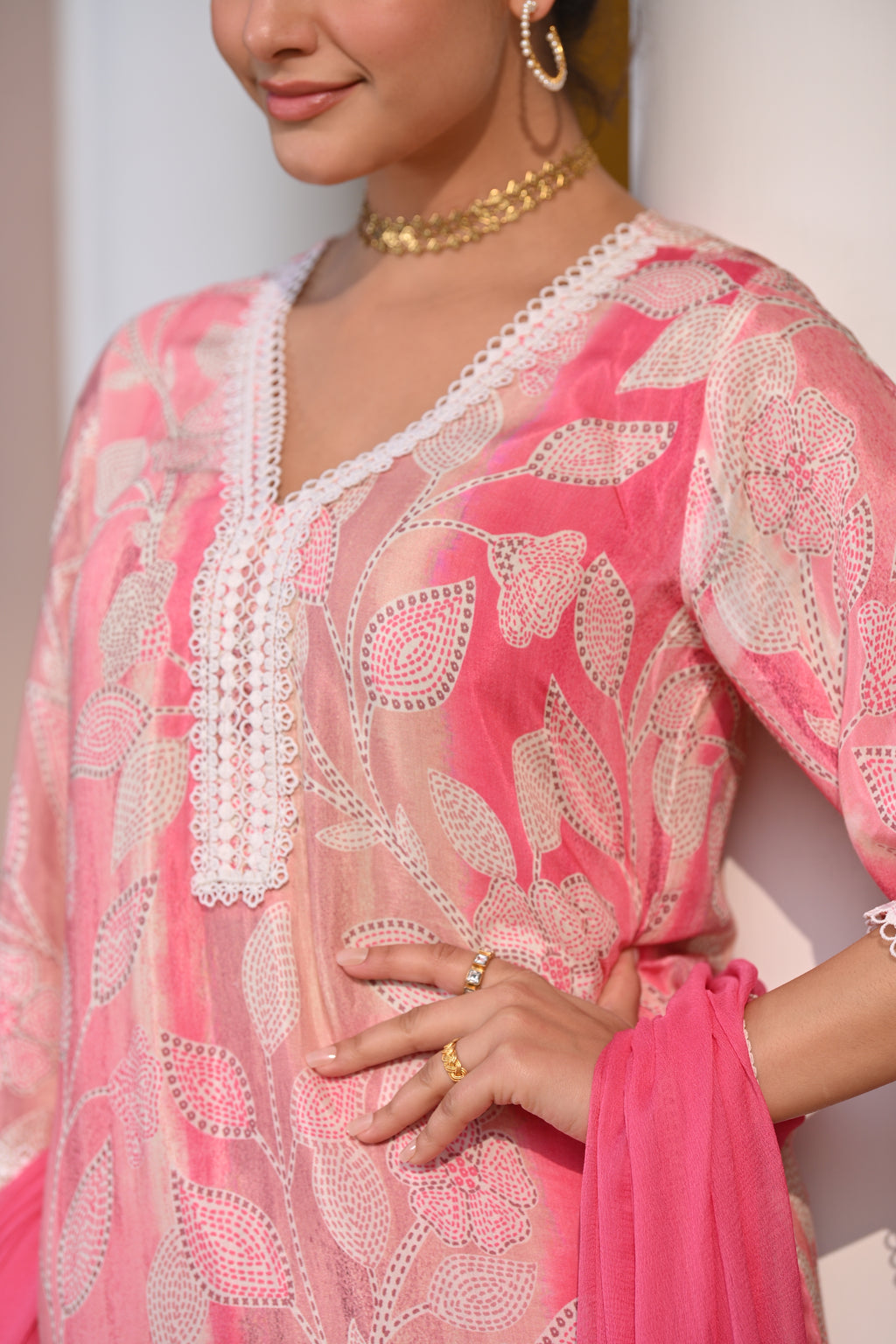 Spring Shaded Blue Muslin Suit Set with Chiffon Dupatta and Lace -SET OF -3