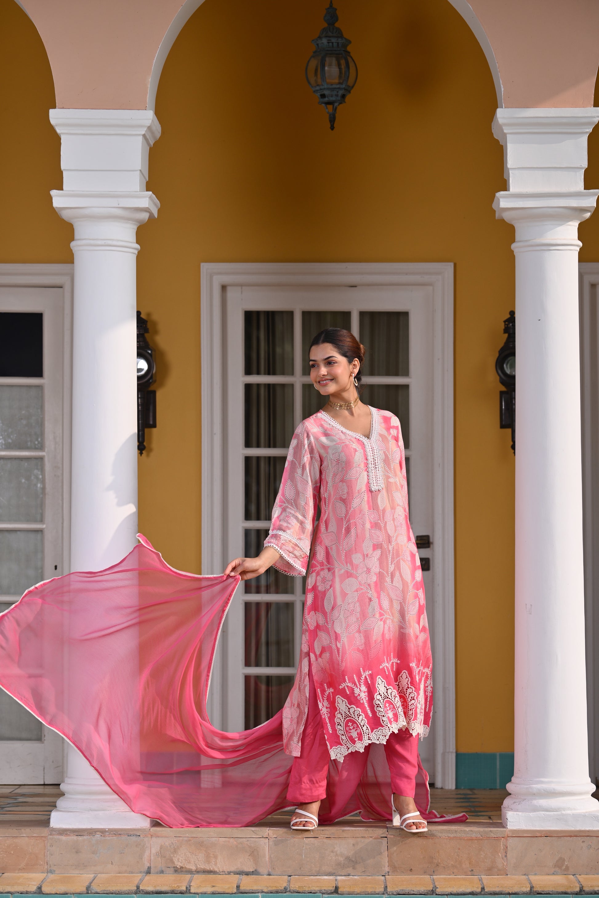 Spring Shaded Blue Muslin Suit Set with Chiffon Dupatta and Lace -SET OF -3