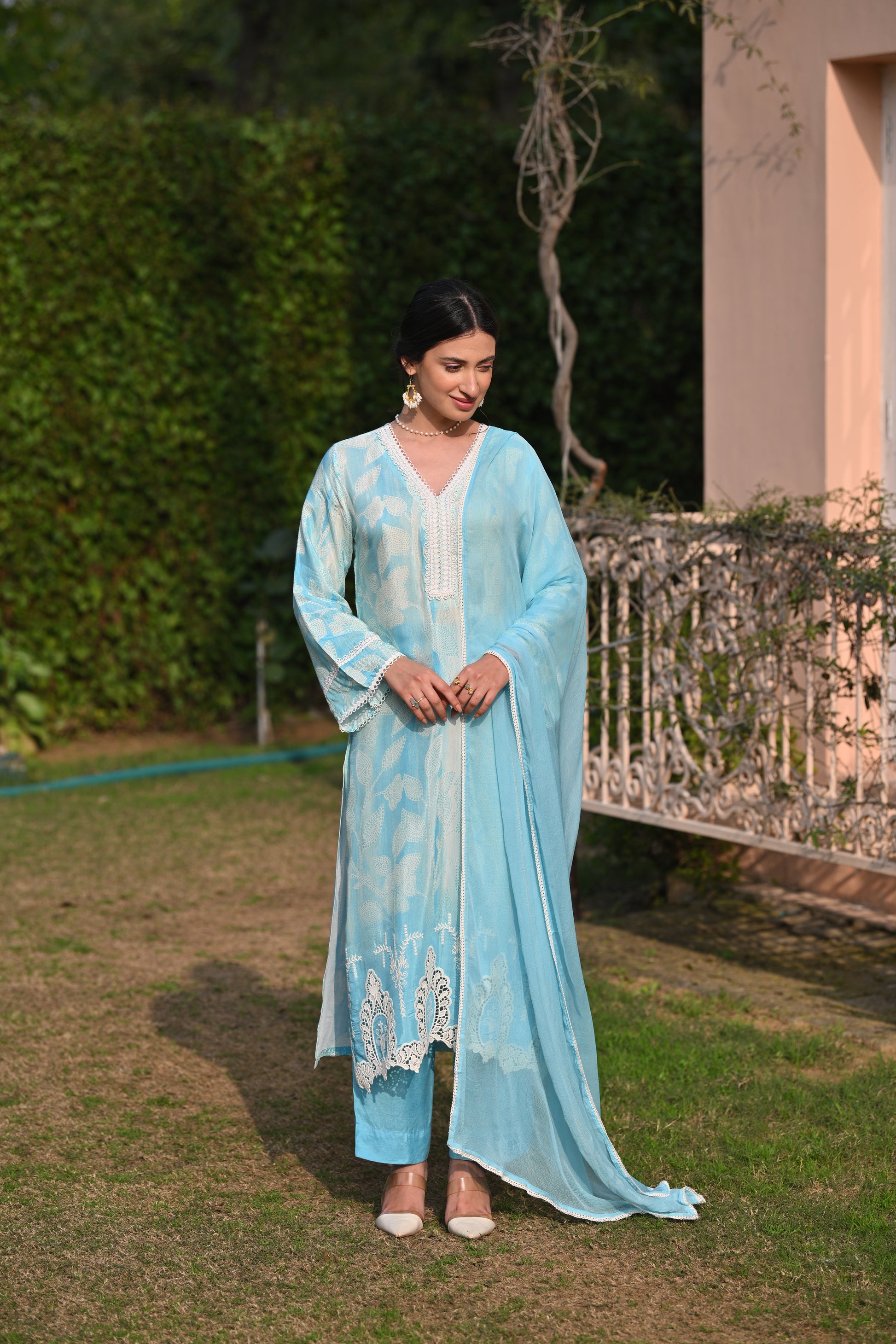 Spring Shaded Blue Muslin Suit Set with Chiffon Dupatta and Lace -SET OF -3