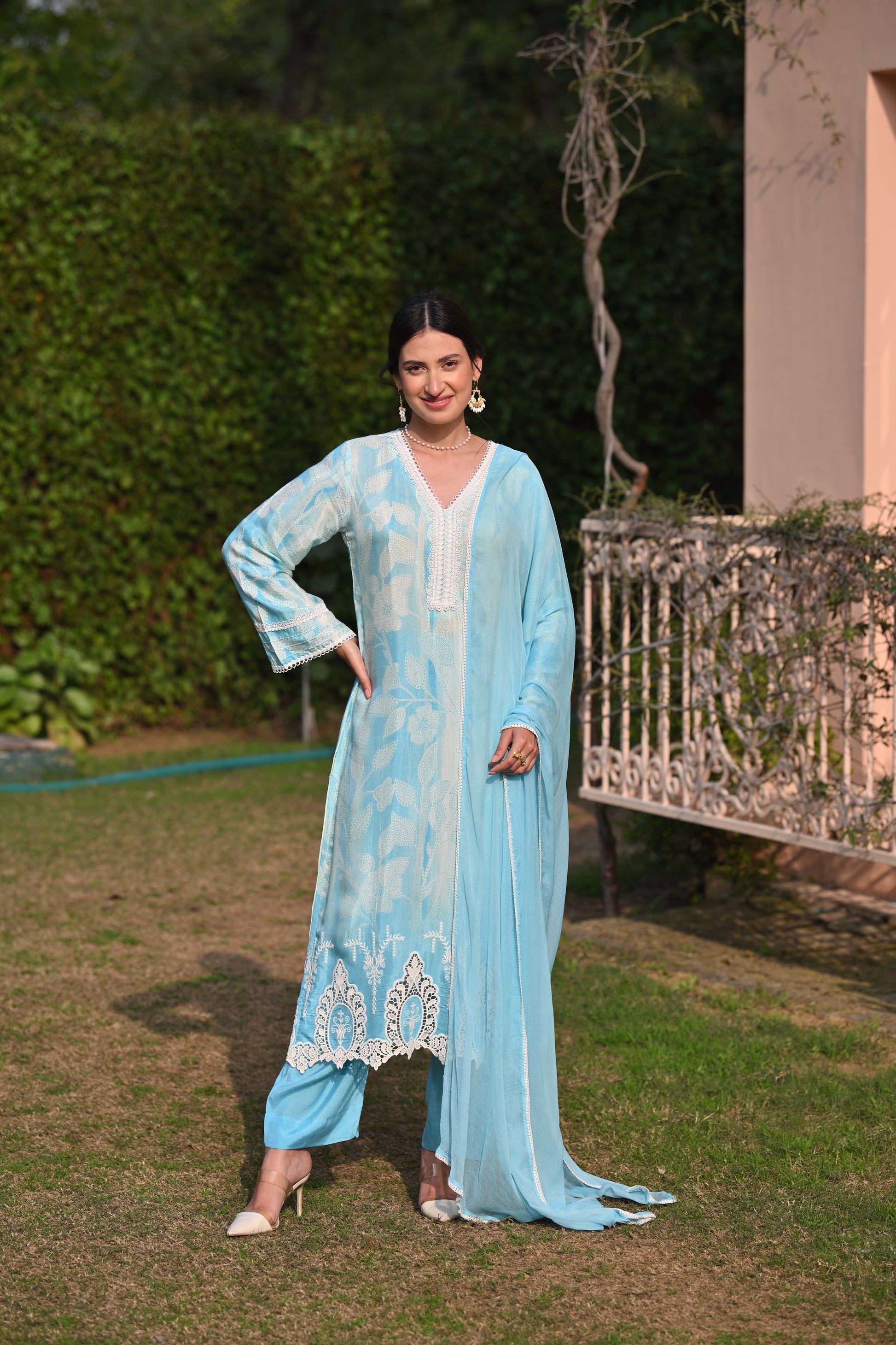 Spring Shaded Blue Muslin Suit Set with Chiffon Dupatta and Lace -SET OF -3