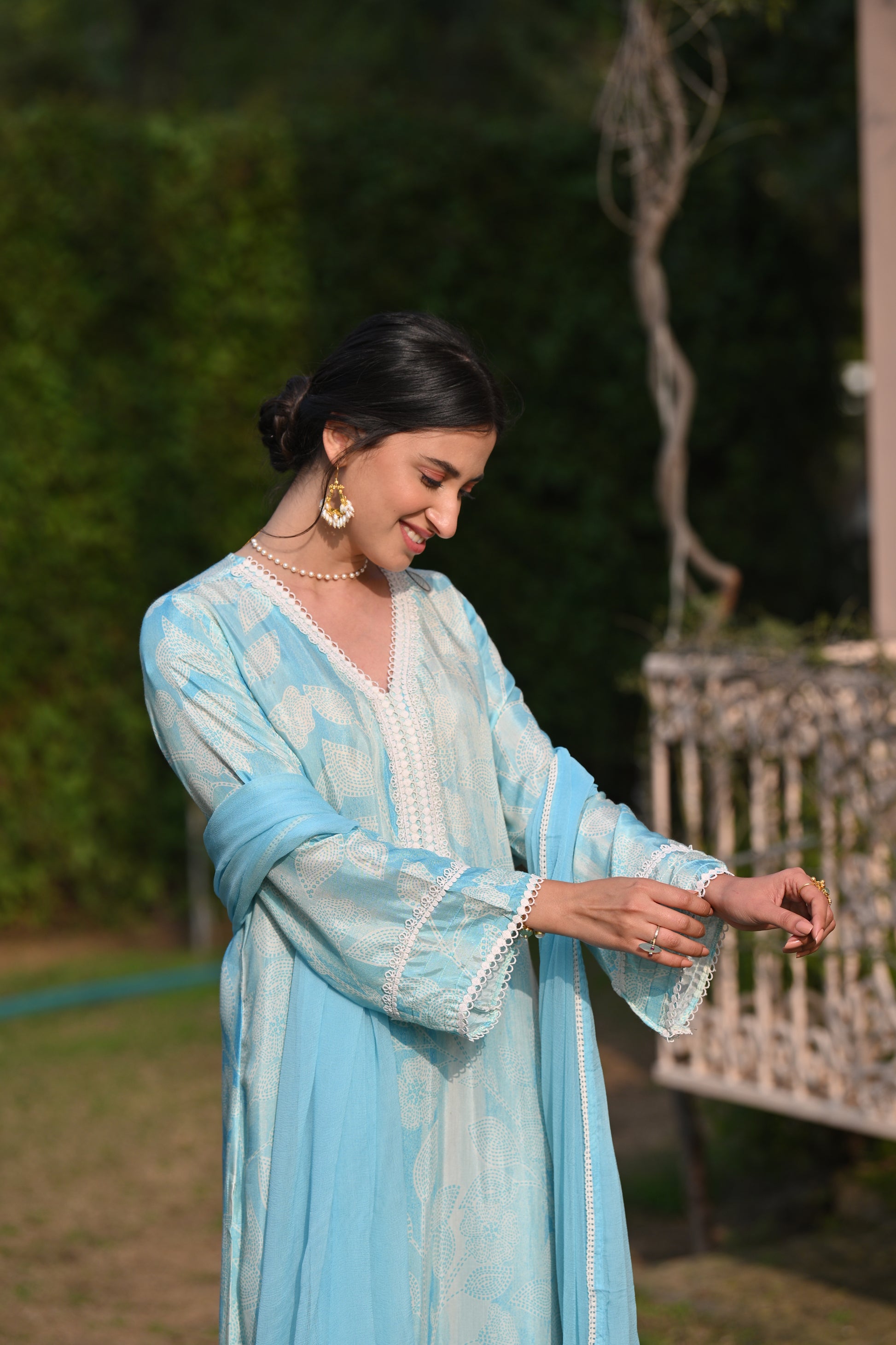 Spring Shaded Blue Muslin Suit Set with Chiffon Dupatta and Lace -SET OF -3
