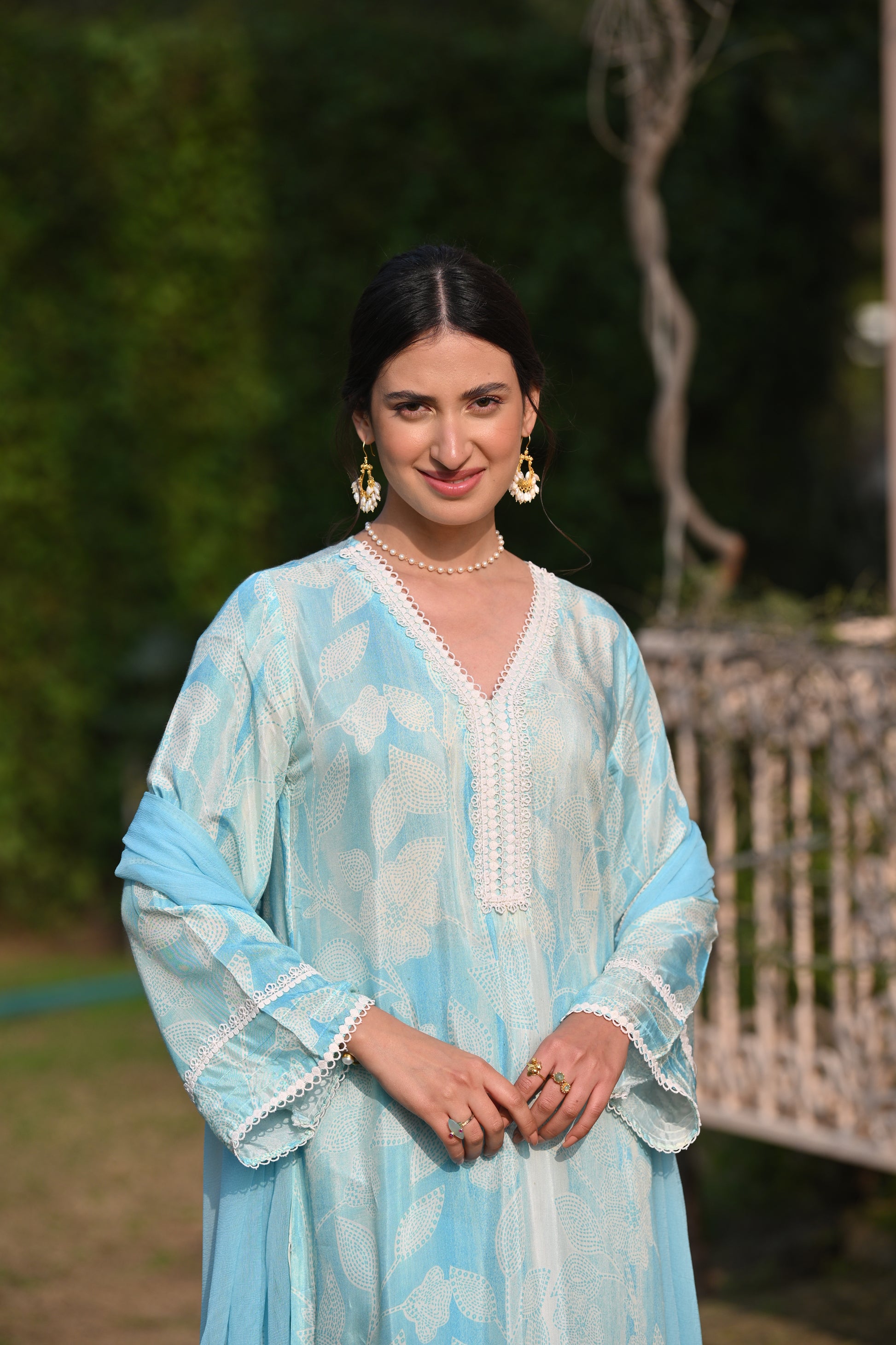 Spring Shaded Blue Muslin Suit Set with Chiffon Dupatta and Lace -SET OF -3