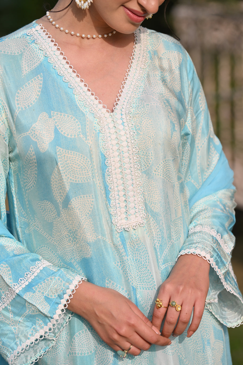 Spring Shaded Blue Muslin Suit Set with Chiffon Dupatta and Lace -SET OF -3