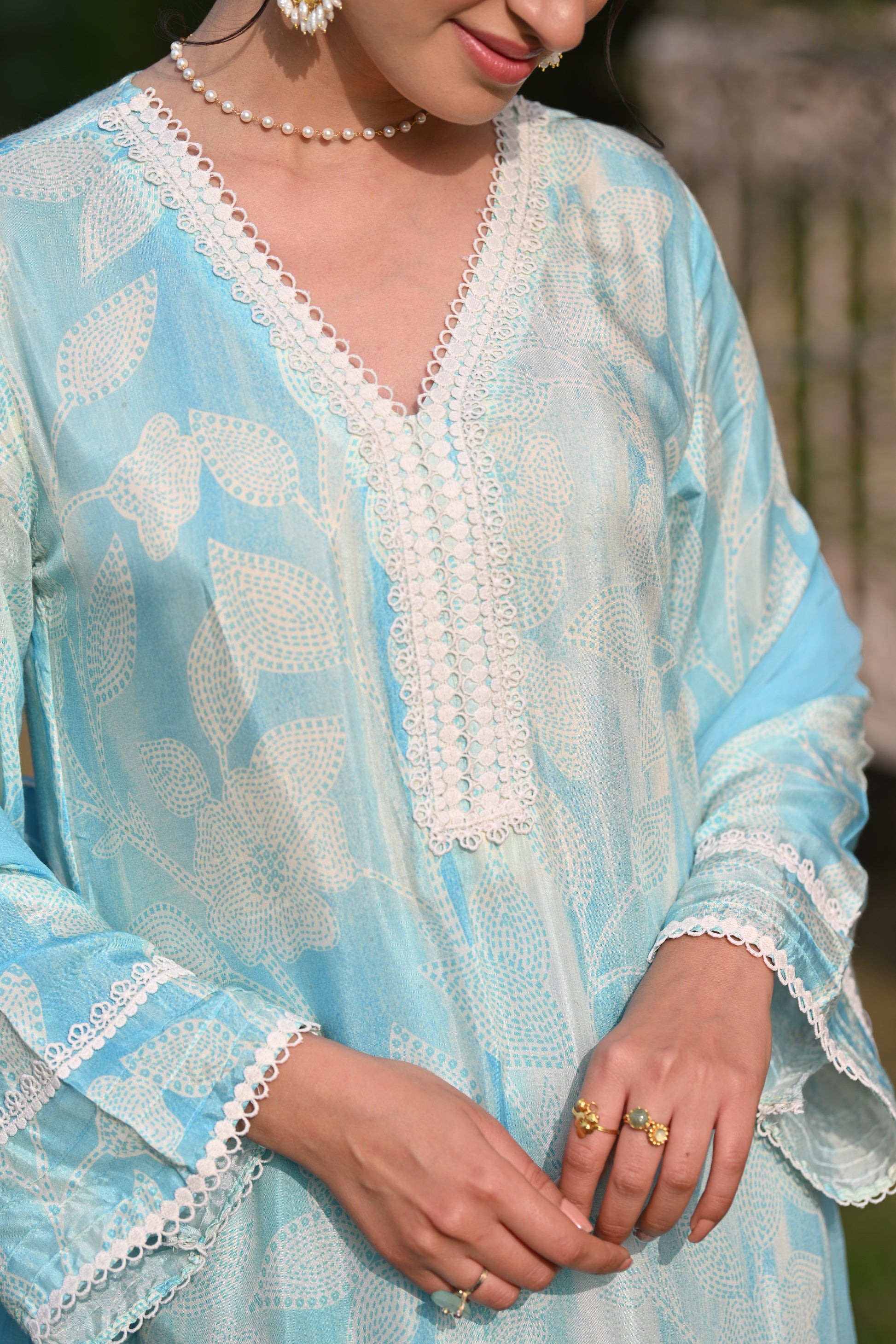 Spring Shaded Blue Muslin Suit Set with Chiffon Dupatta and Lace -SET OF -3