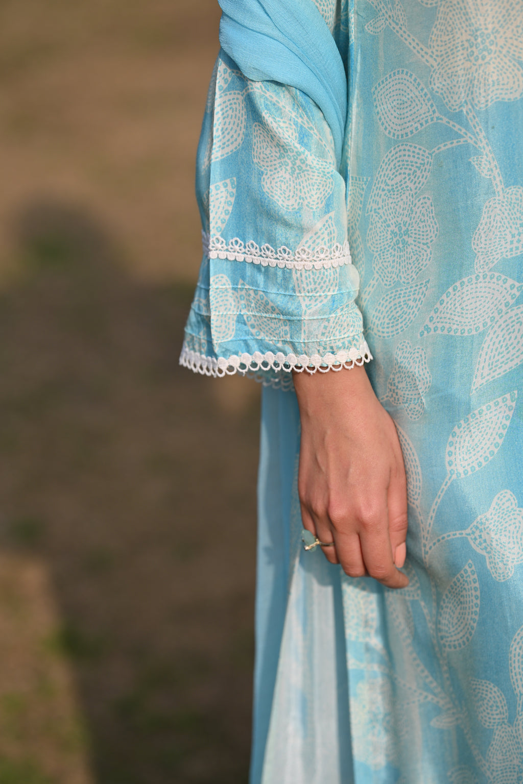 Spring Shaded Blue Muslin Suit Set with Chiffon Dupatta and Lace -SET OF -3