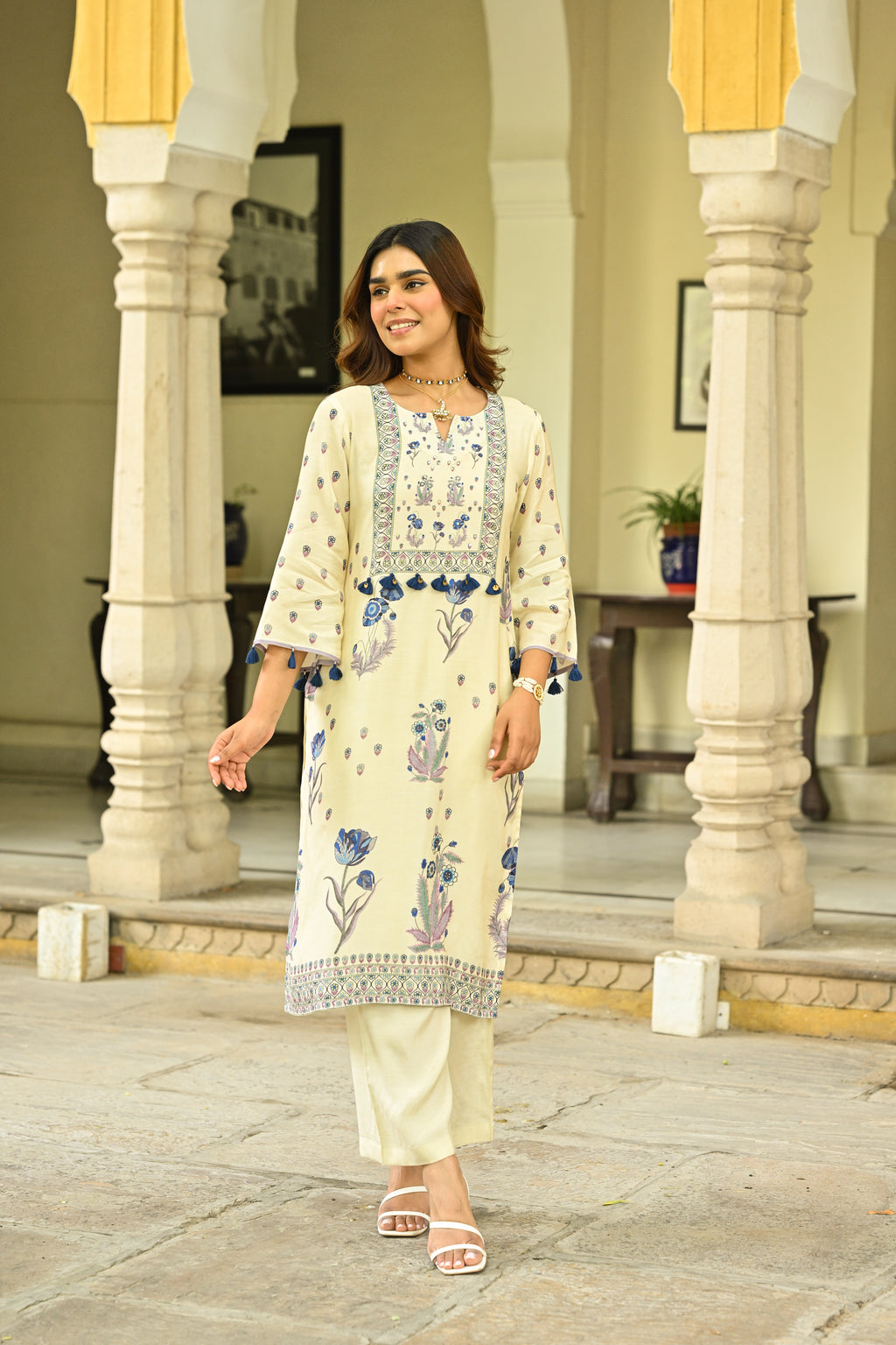 Off White and Blue Floral Print with Tassels Placement Kurta Set- SET OF-3