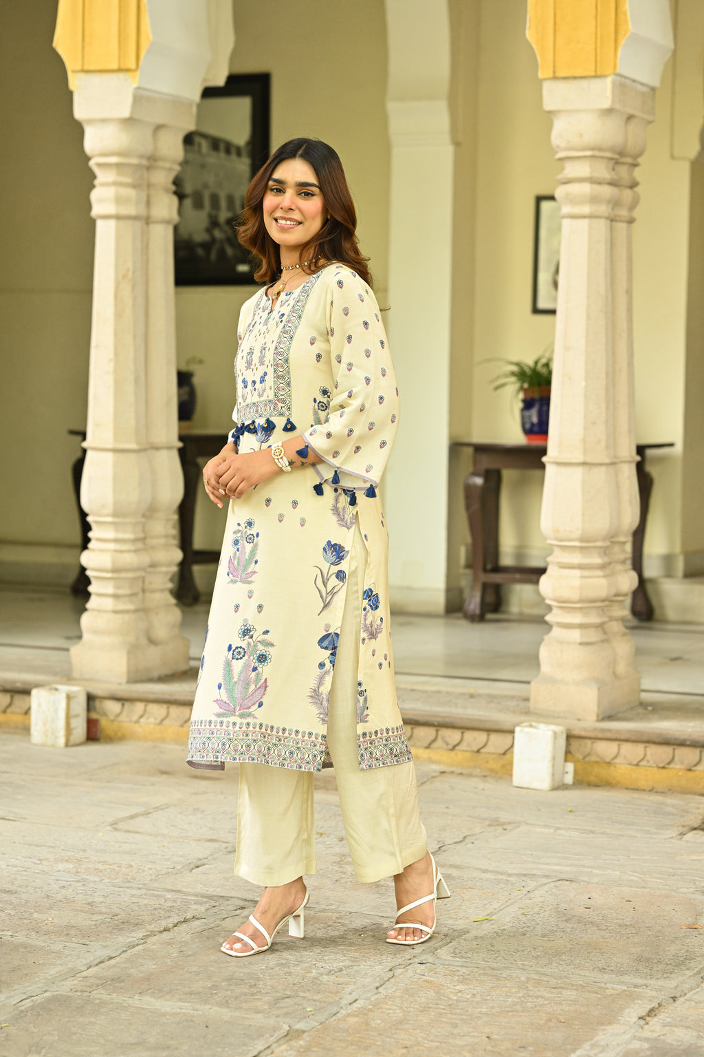 Off White and Blue Floral Print with Tassels Placement Kurta Set- SET OF-3