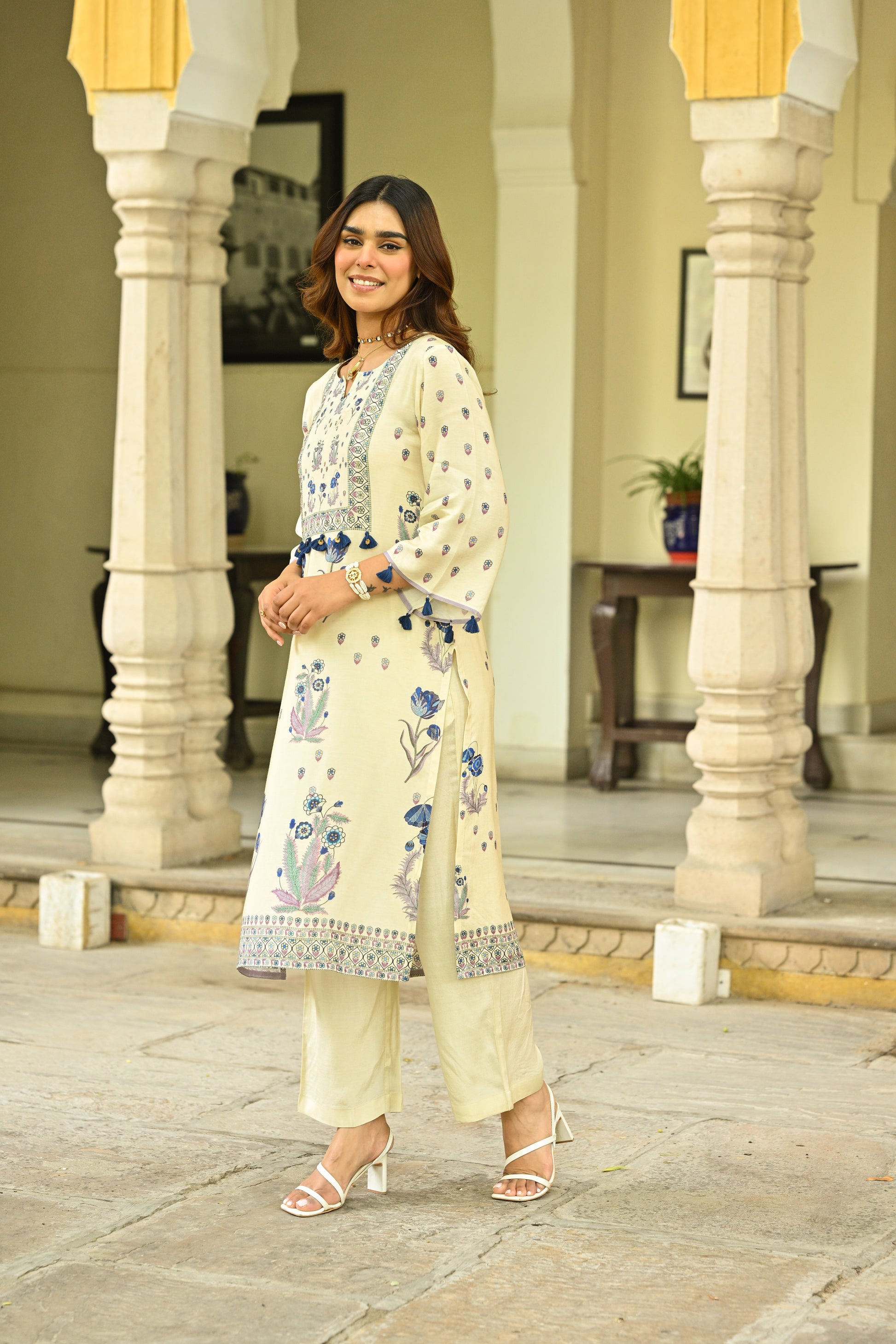 Off White and Blue Floral Print with Tassels Placement Kurta Set- SET OF-3