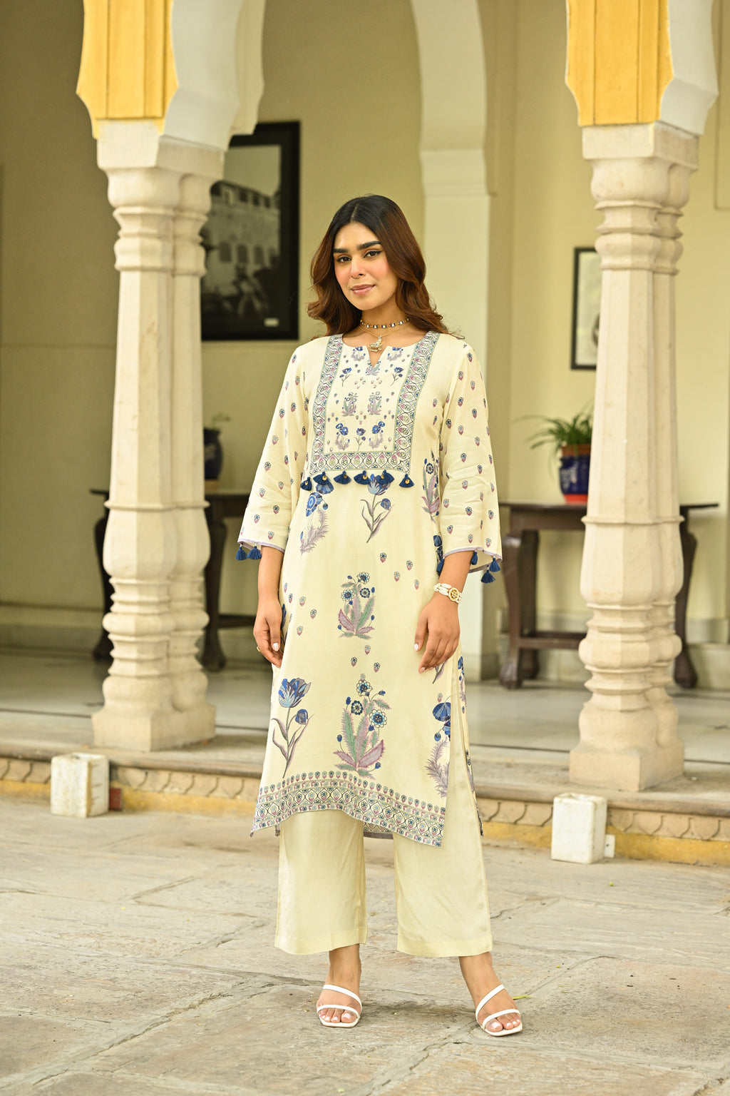 Off White and Blue Floral Print with Tassels Placement Kurta Set- SET OF-3