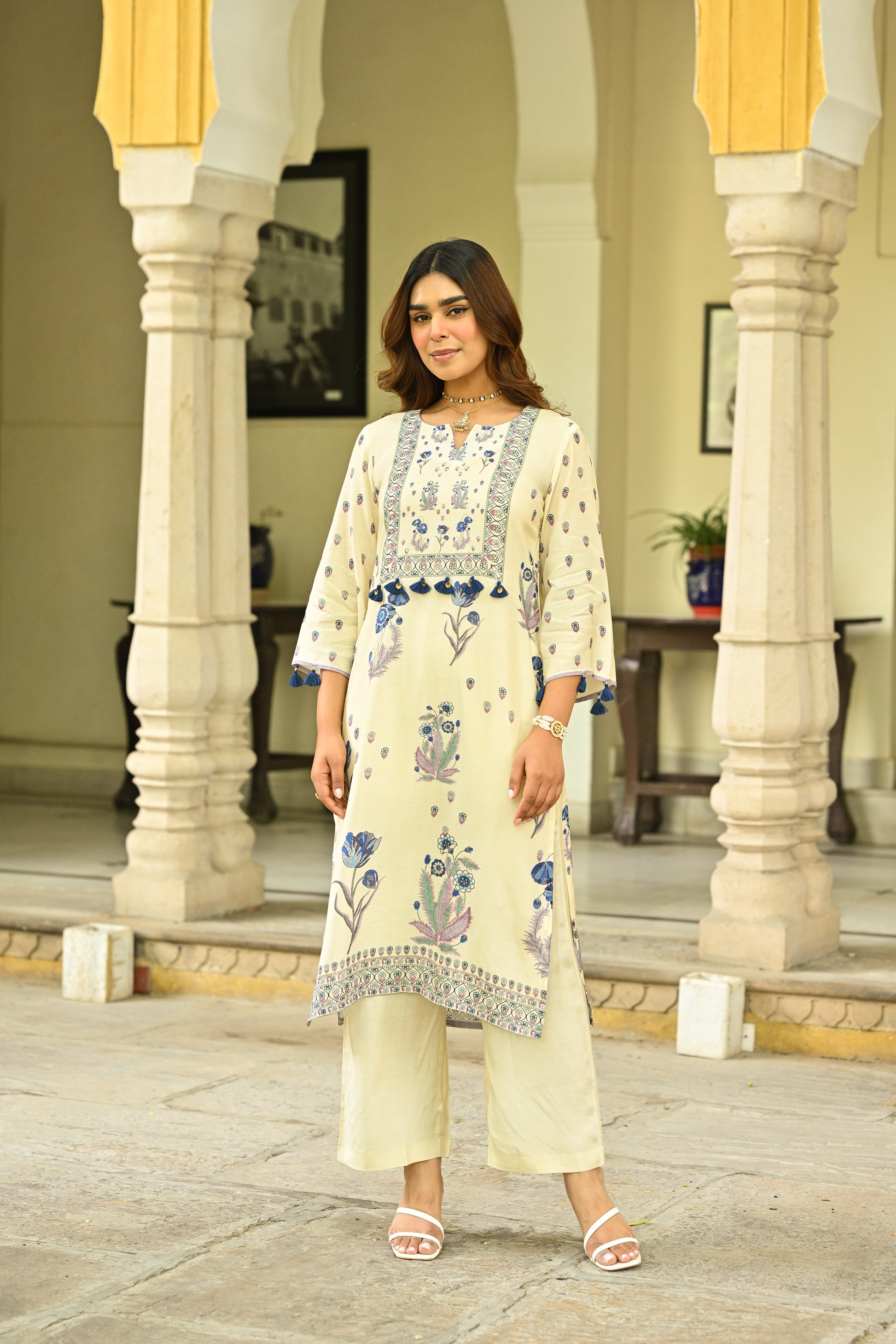 Off White and Blue Floral Print with Tassels Placement Kurta Set- SET OF-3