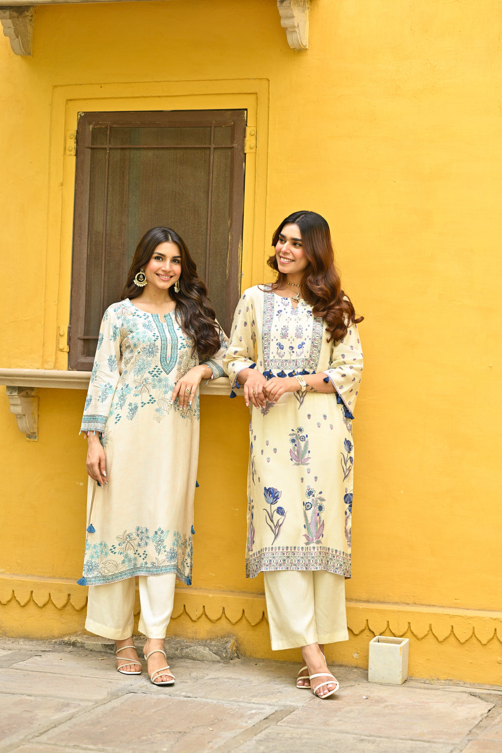 Off White and Blue Floral Print with Tassels Placement Kurta Set- SET OF-3