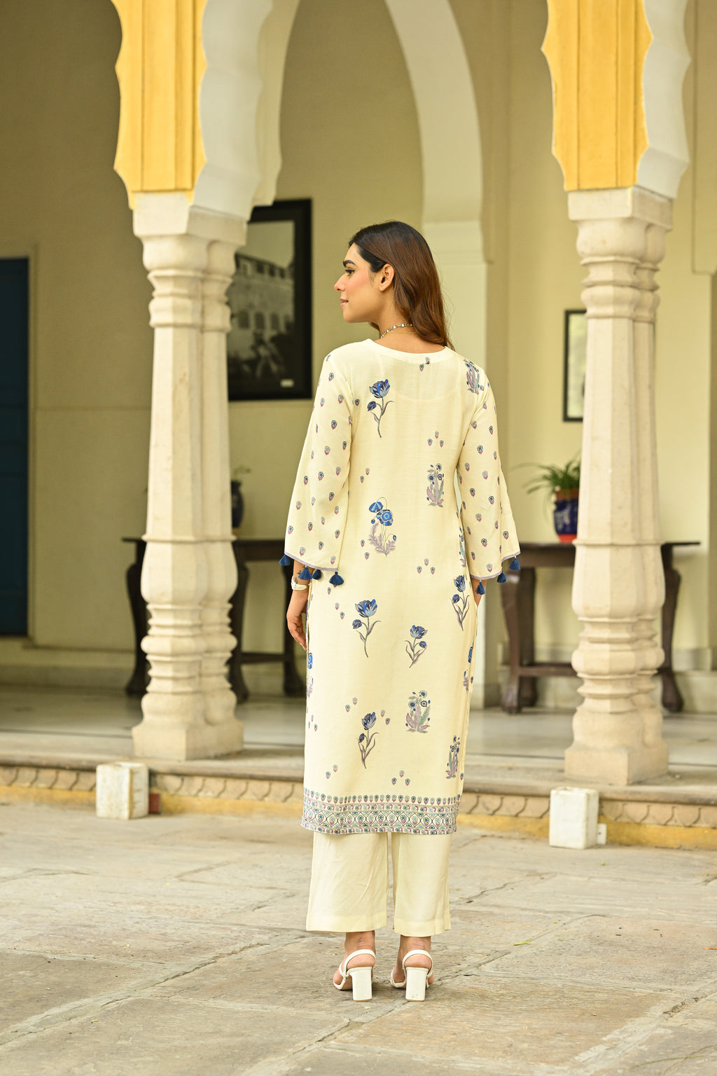 Off White and Blue Floral Print with Tassels Placement Kurta Set- SET OF-3