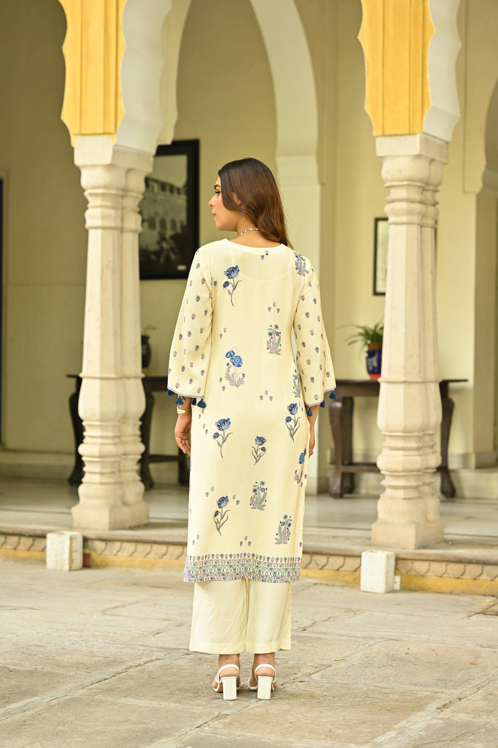 Off White and Blue Floral Print with Tassels Placement Kurta Set- SET OF-3
