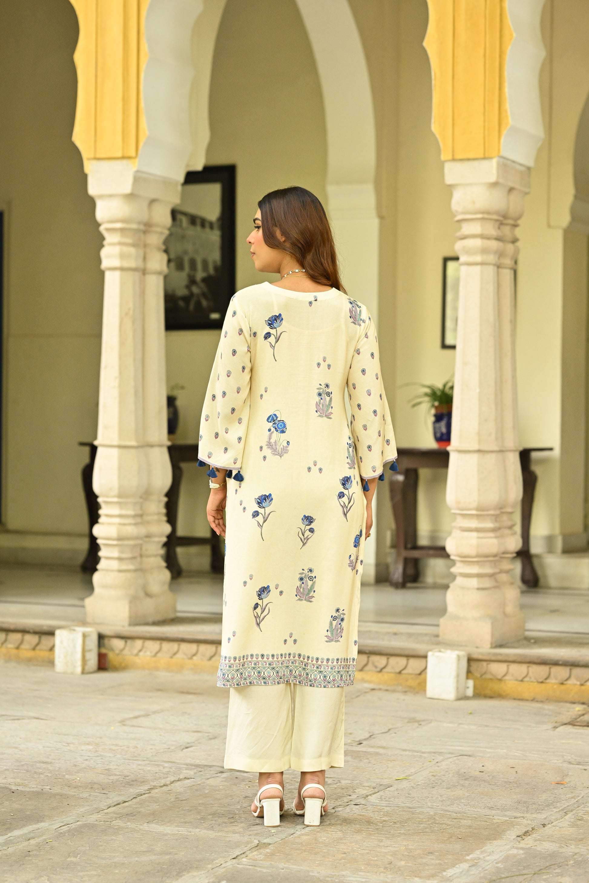 Off White and Blue Floral Print with Tassels Placement Kurta Set- SET OF-3