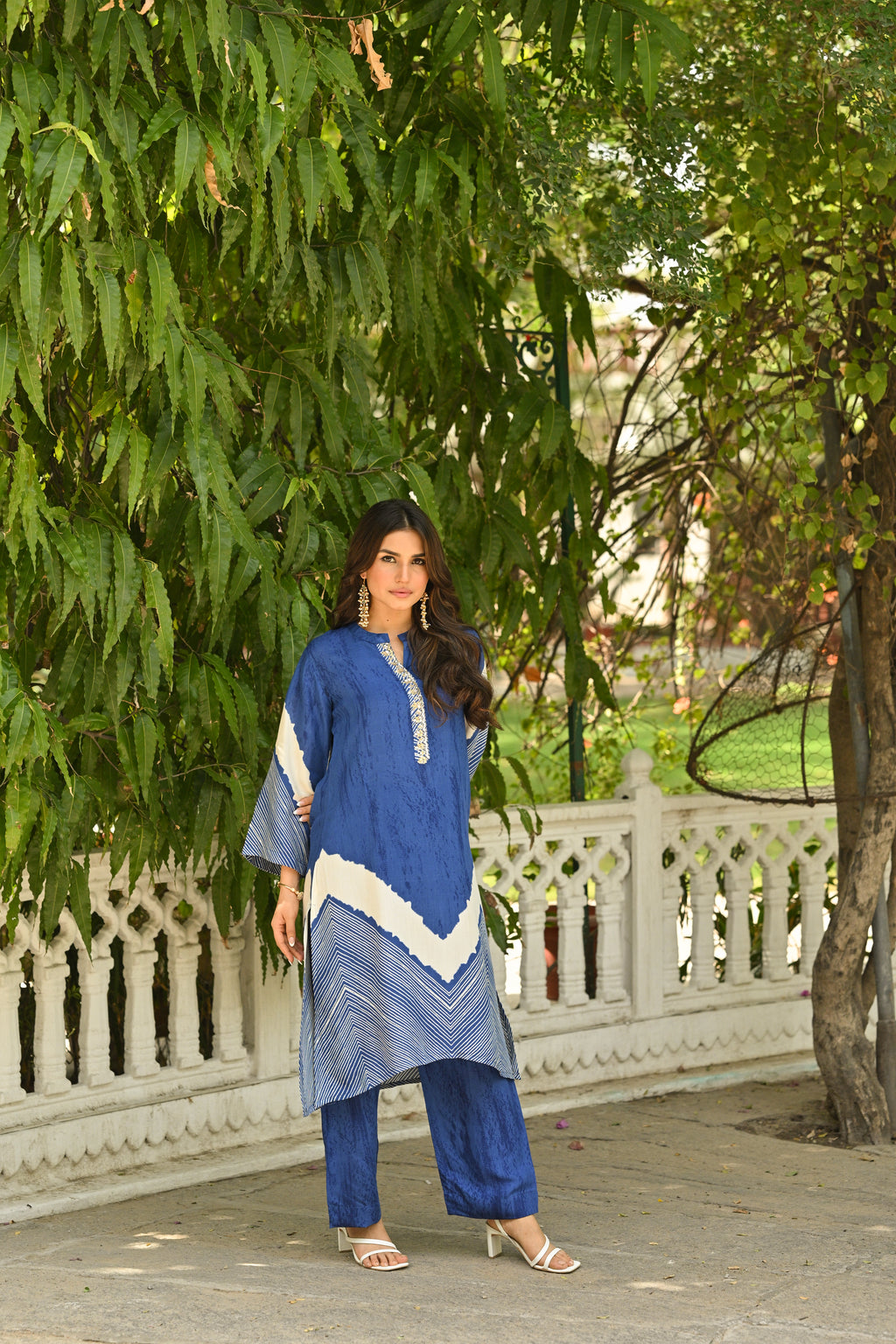 Blue Lehariya Muslin Kurta Set with Gota Work on Neck- SET OF-2