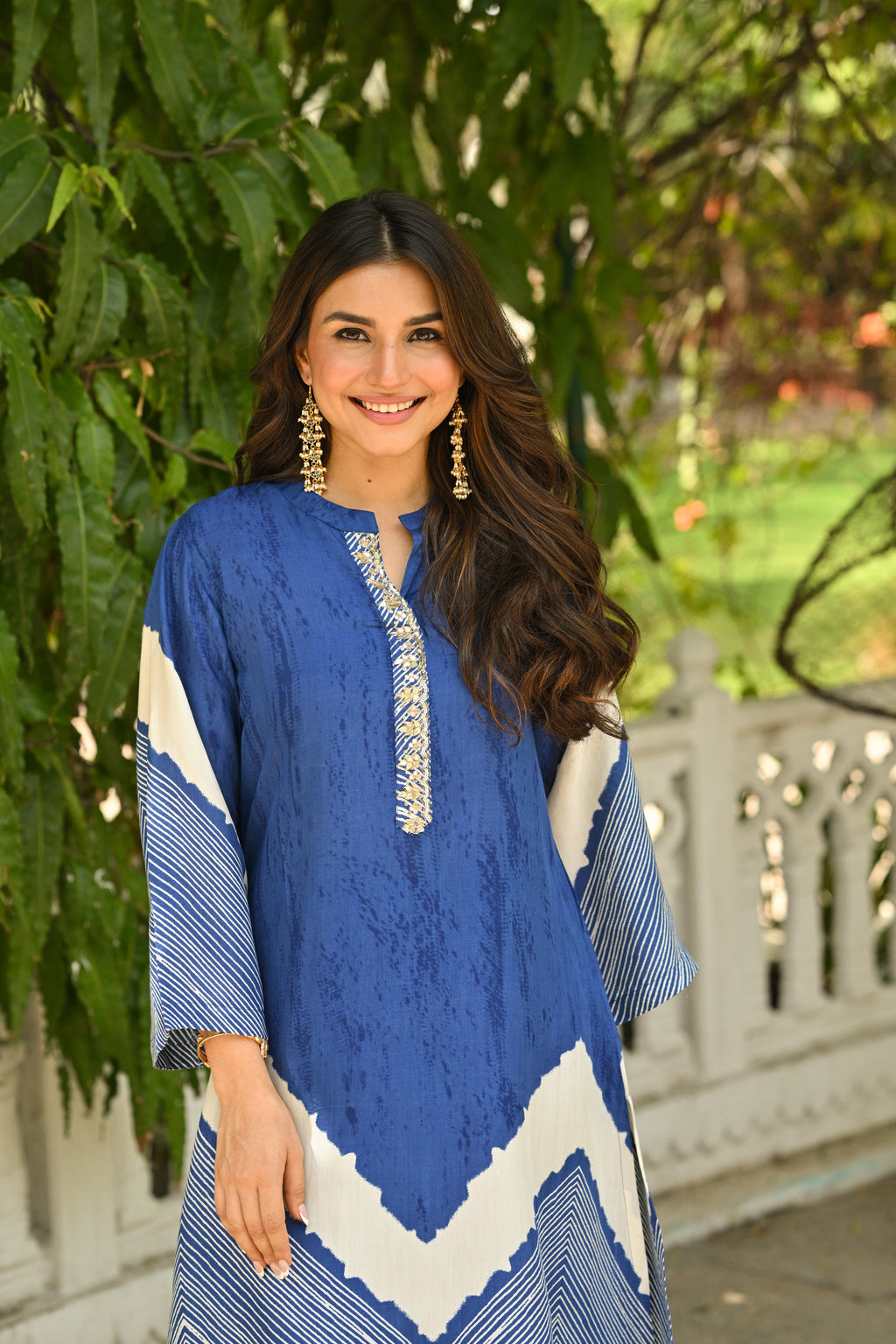 Blue Lehariya Muslin Kurta Set with Gota Work on Neck- SET OF-2