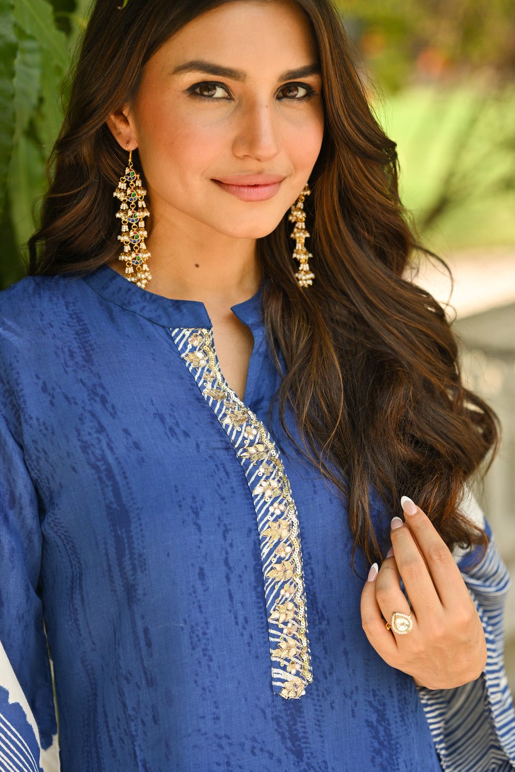 Blue Lehariya Muslin Kurta Set with Gota Work on Neck- SET OF-2