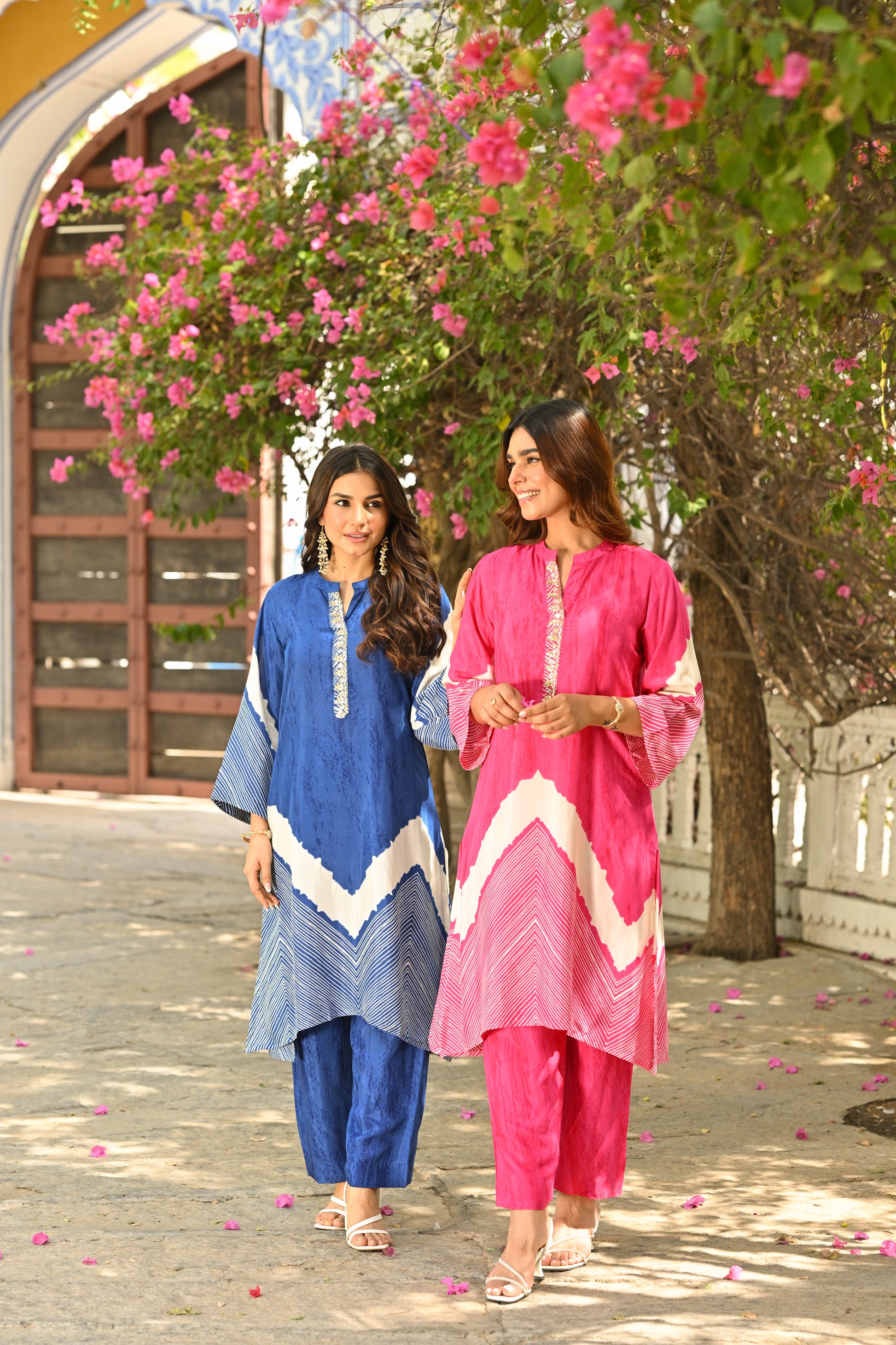 Blue Lehariya Muslin Kurta Set with Gota Work on Neck- SET OF-2
