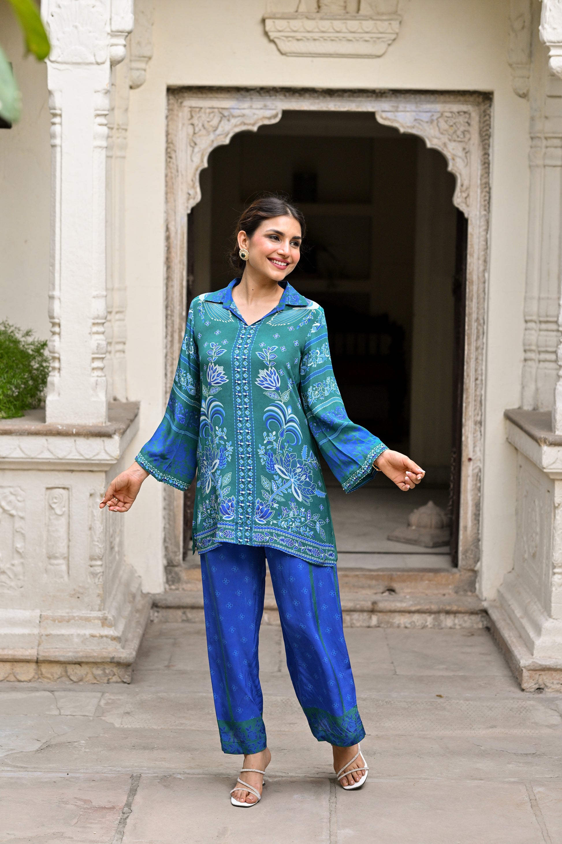 Vibrant Green and Blue Muslin Coord Set- SET OF-2