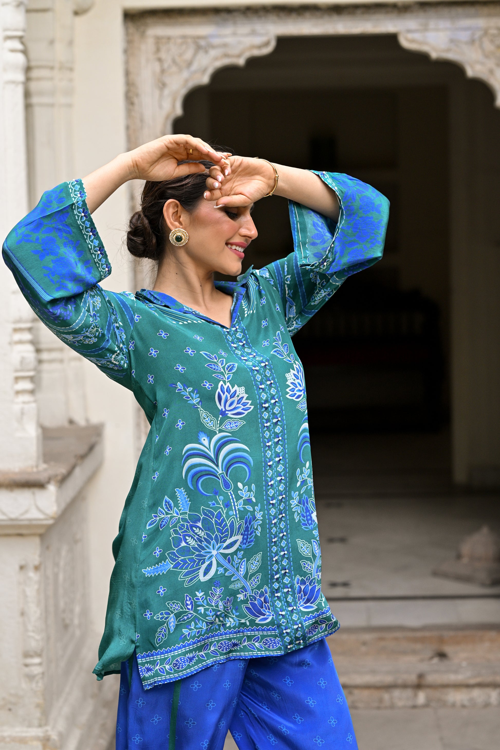 Vibrant Green and Blue Muslin Coord Set- SET OF-2