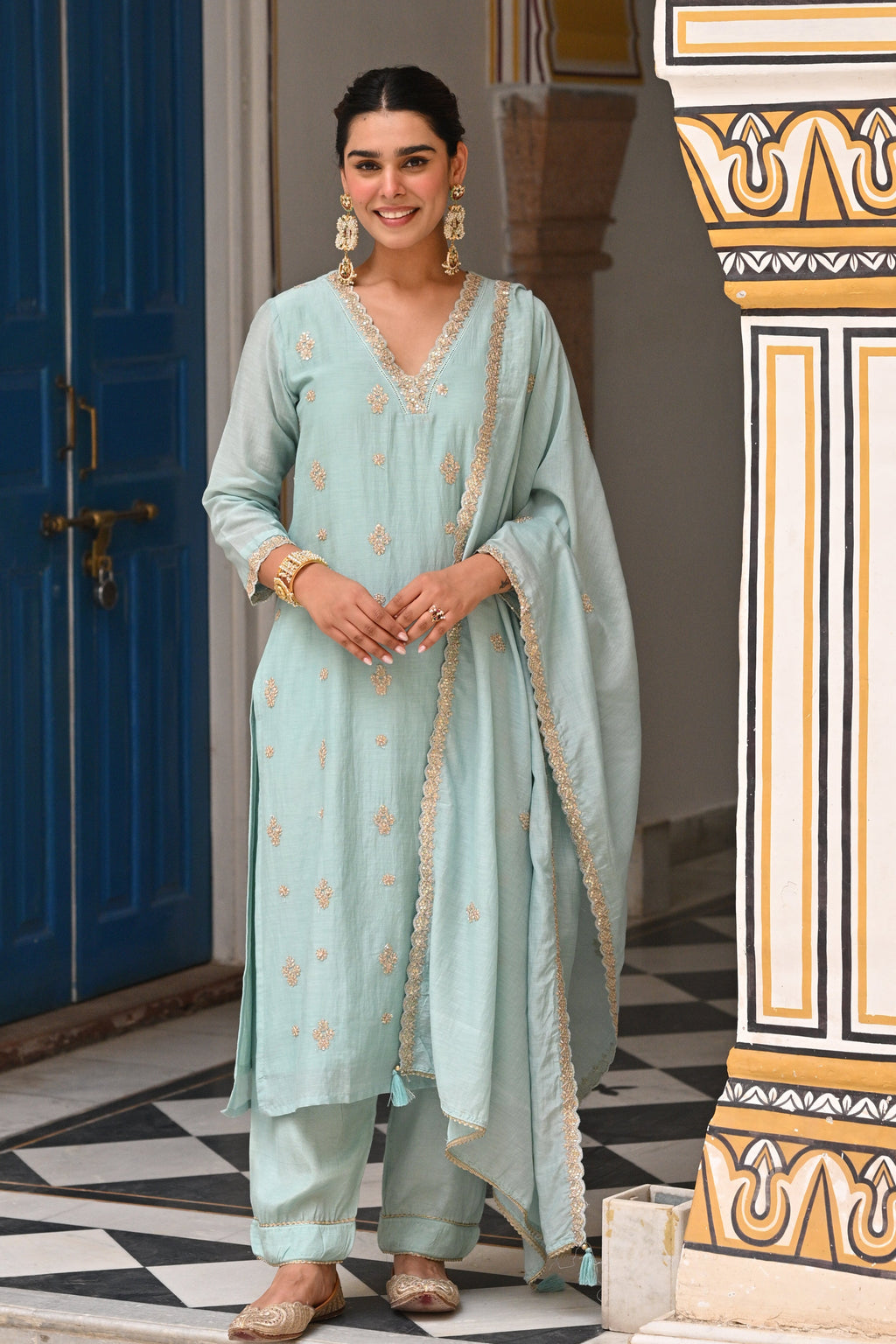 Powder Blue Pure Mul Chanderi Suit Set with Scallope Dupatta- SET OF-3