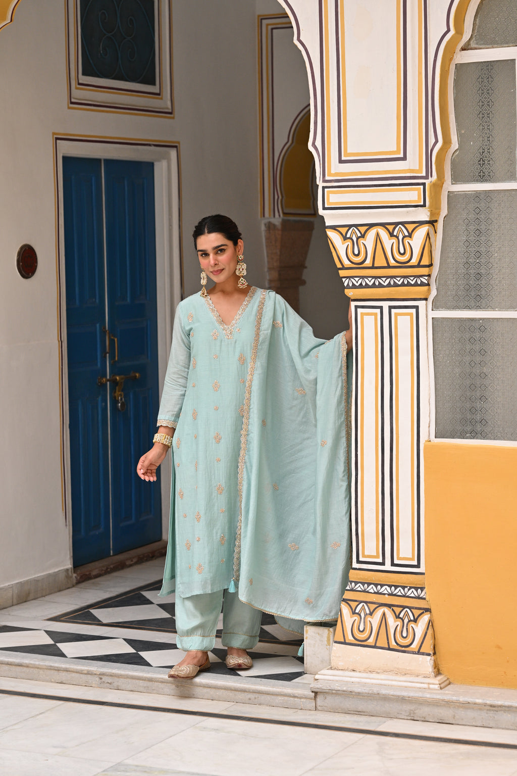 Powder Blue Pure Mul Chanderi Suit Set with Scallope Dupatta- SET OF-3