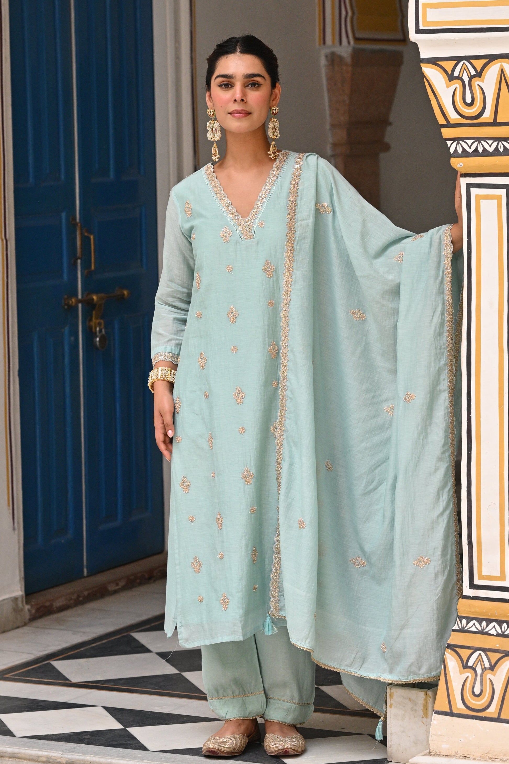 Powder Blue Pure Mul Chanderi Suit Set with Scallope Dupatta- SET OF-3