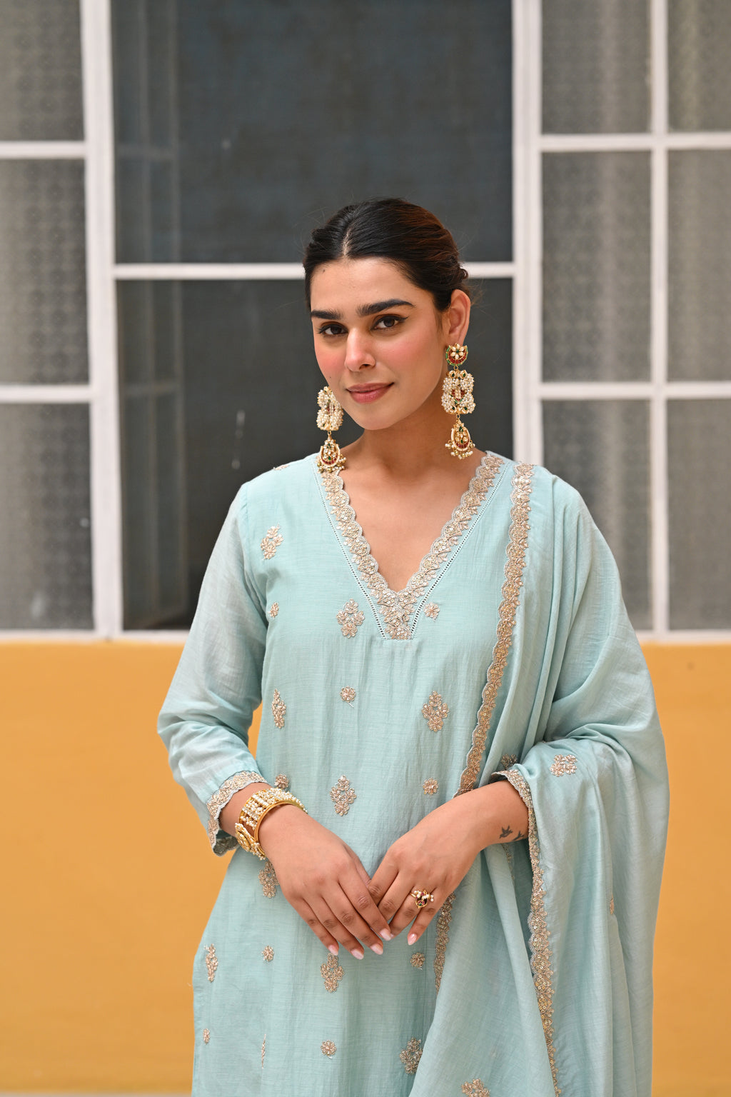 Powder Blue Pure Mul Chanderi Suit Set with Scallope Dupatta- SET OF-3