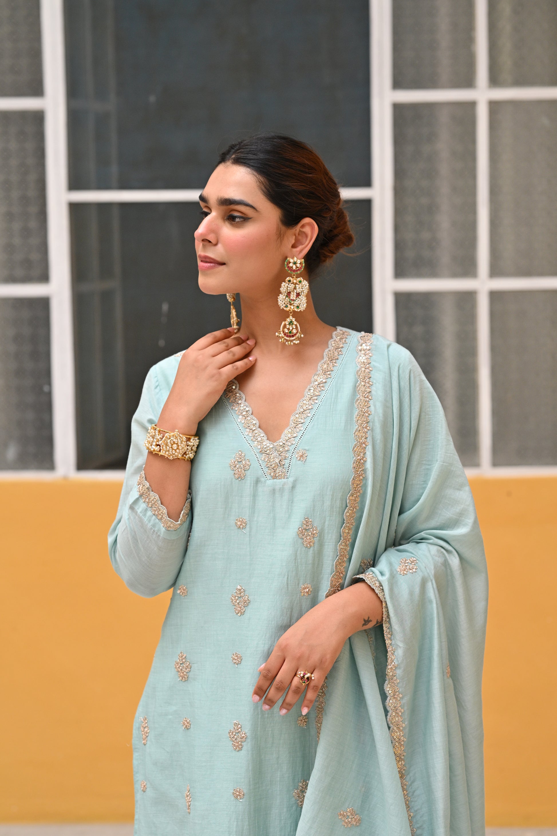 Powder Blue Pure Mul Chanderi Suit Set with Scallope Dupatta- SET OF-3