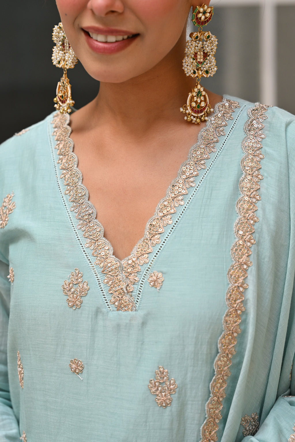 Powder Blue Pure Mul Chanderi Suit Set with Scallope Dupatta- SET OF-3