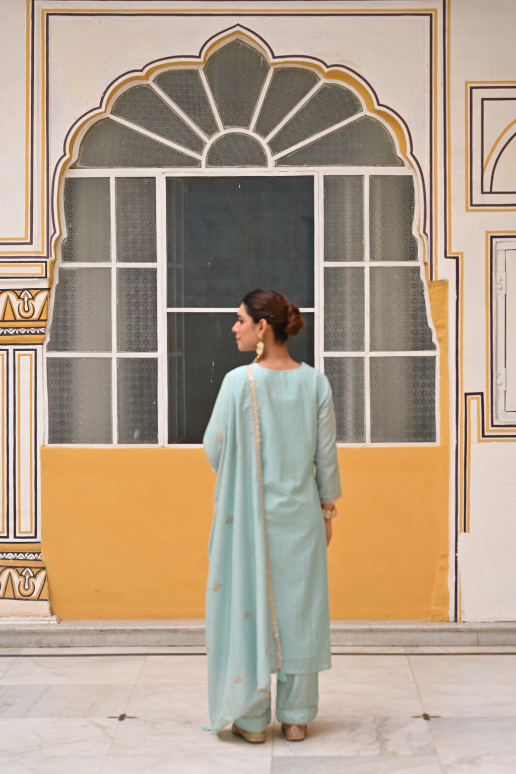 Powder Blue Pure Mul Chanderi Suit Set with Scallope Dupatta- SET OF-3