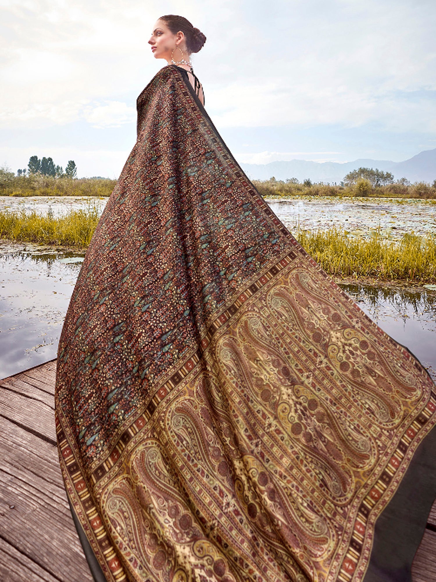 Pashmina Silk Brown Printed Designer Saree With Blouse