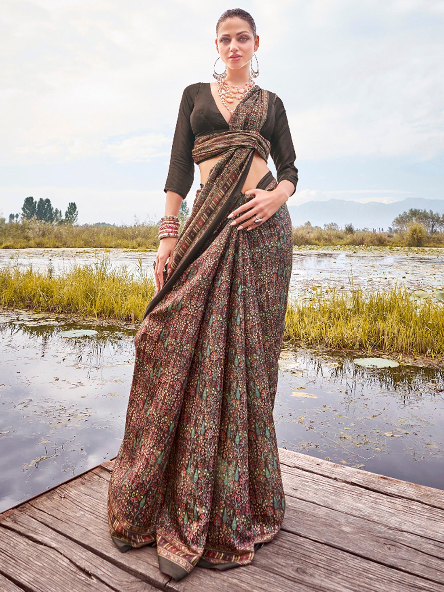 Pashmina Silk Brown Printed Designer Saree With Blouse