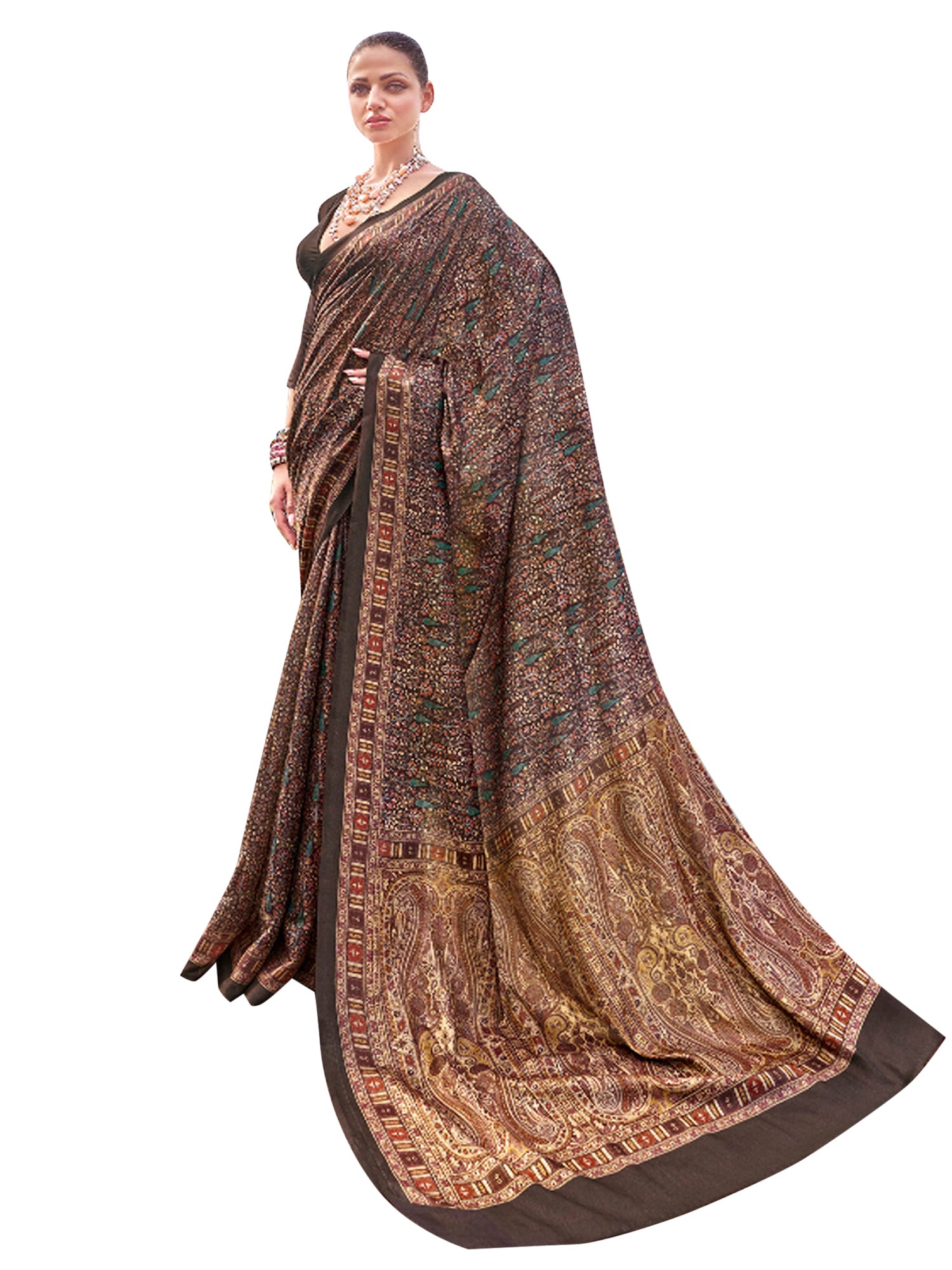 Pashmina Silk Brown Printed Designer Saree With Blouse
