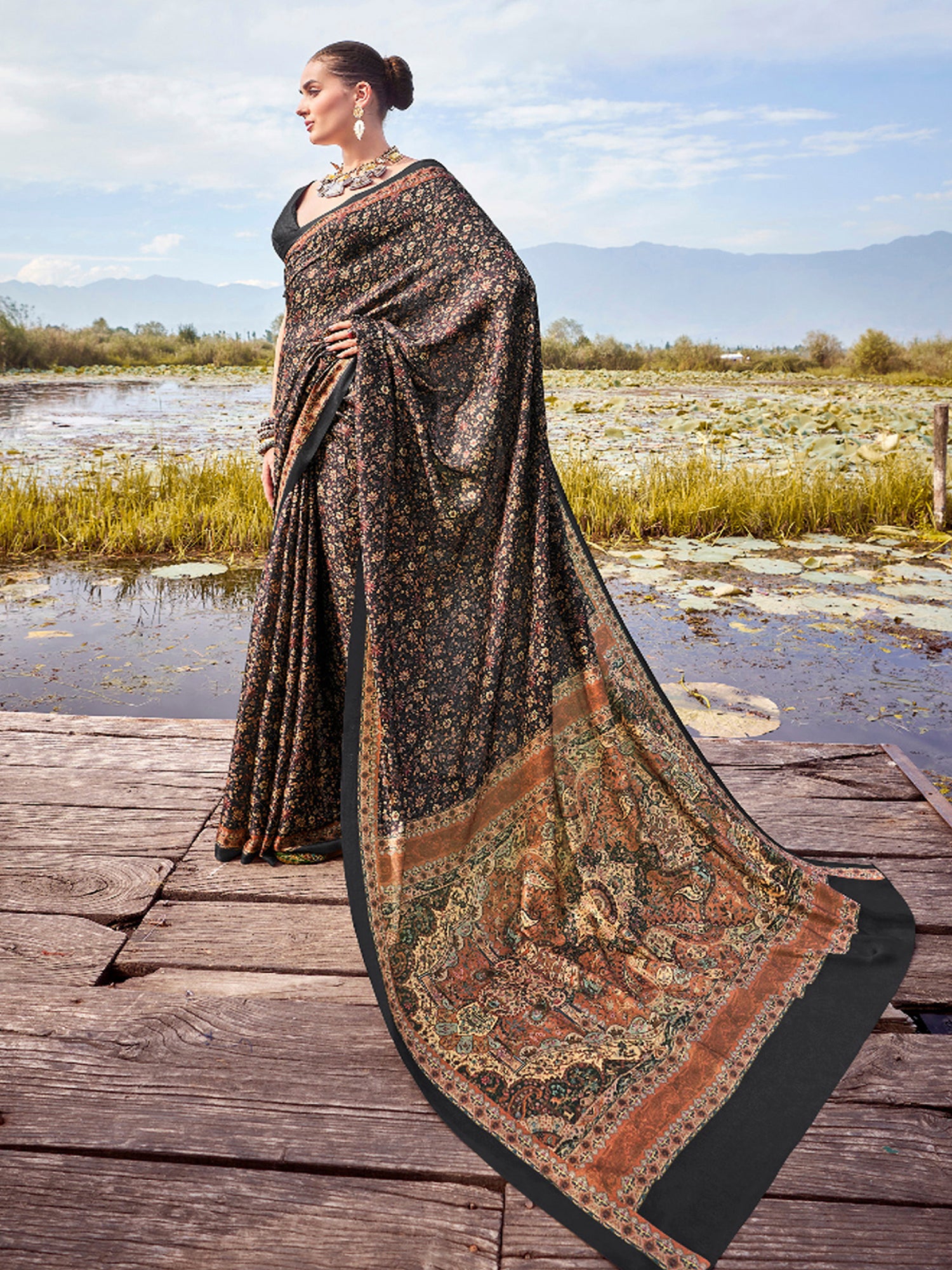 Pashmina Silk Black Printed Designer Saree With Blouse