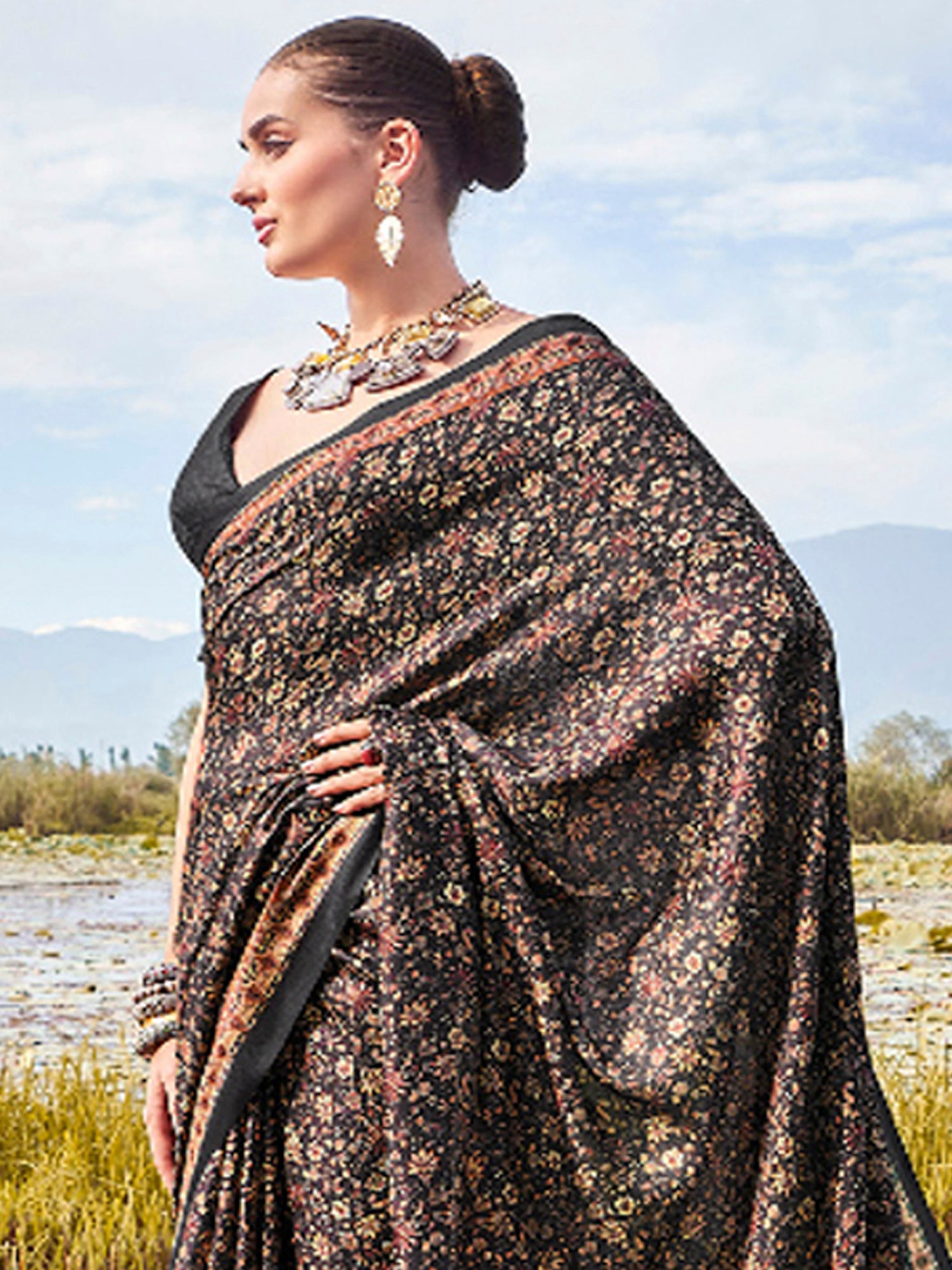 Pashmina Silk Black Printed Designer Saree With Blouse