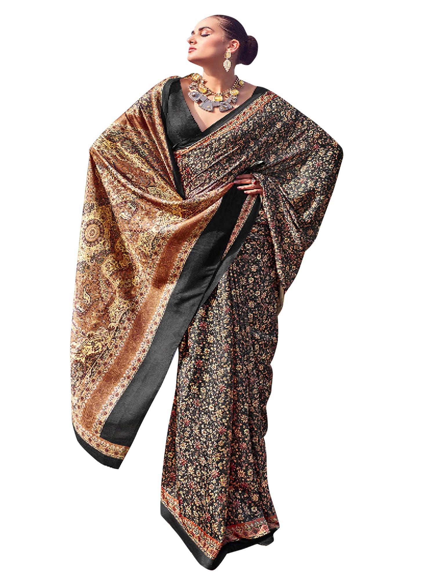 Pashmina Silk Black Printed Designer Saree With Blouse