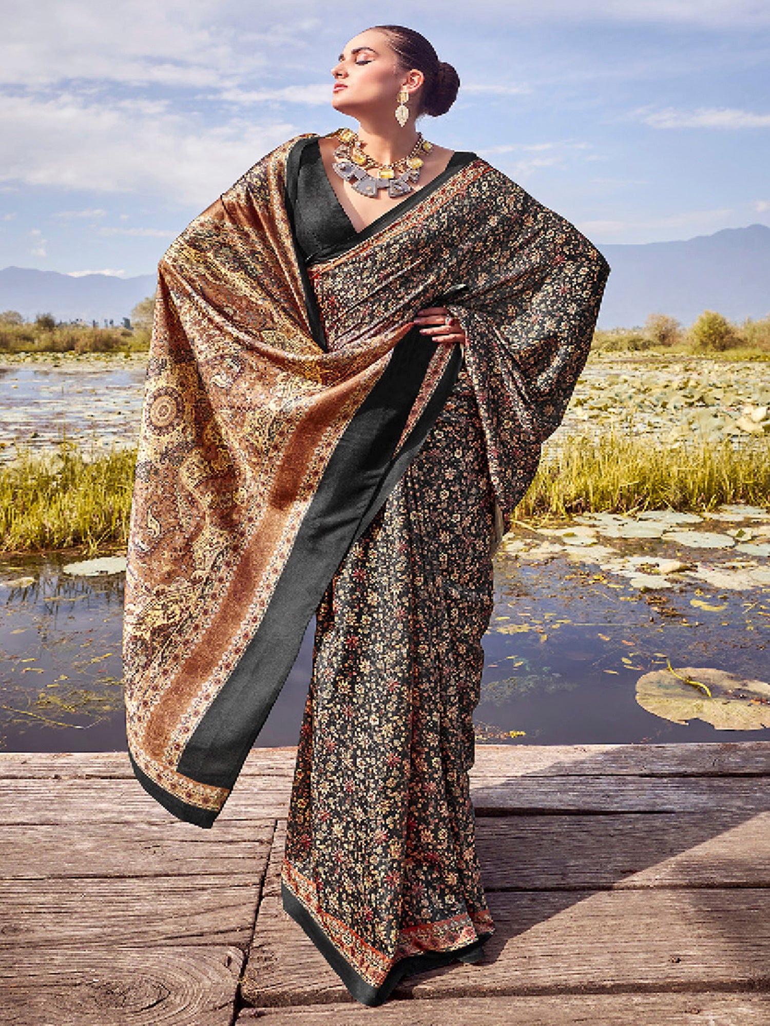 Pashmina Silk Black Printed Designer Saree With Blouse