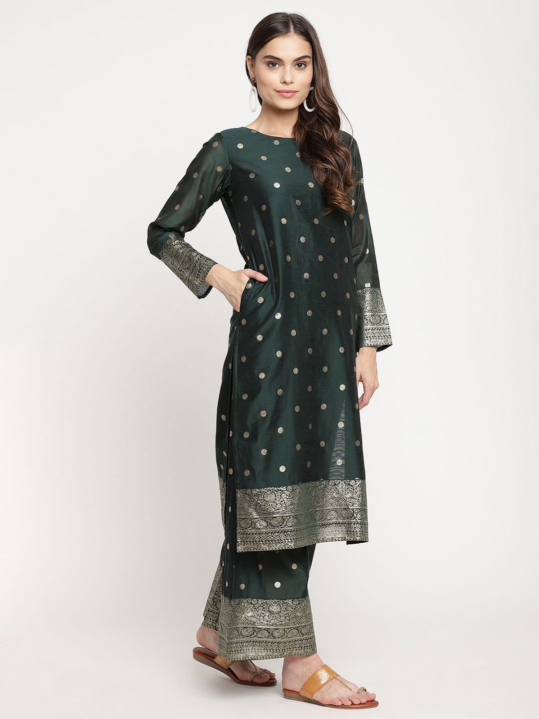 Dark Green Gold Print Kurta Palazzo Set With Dupatta