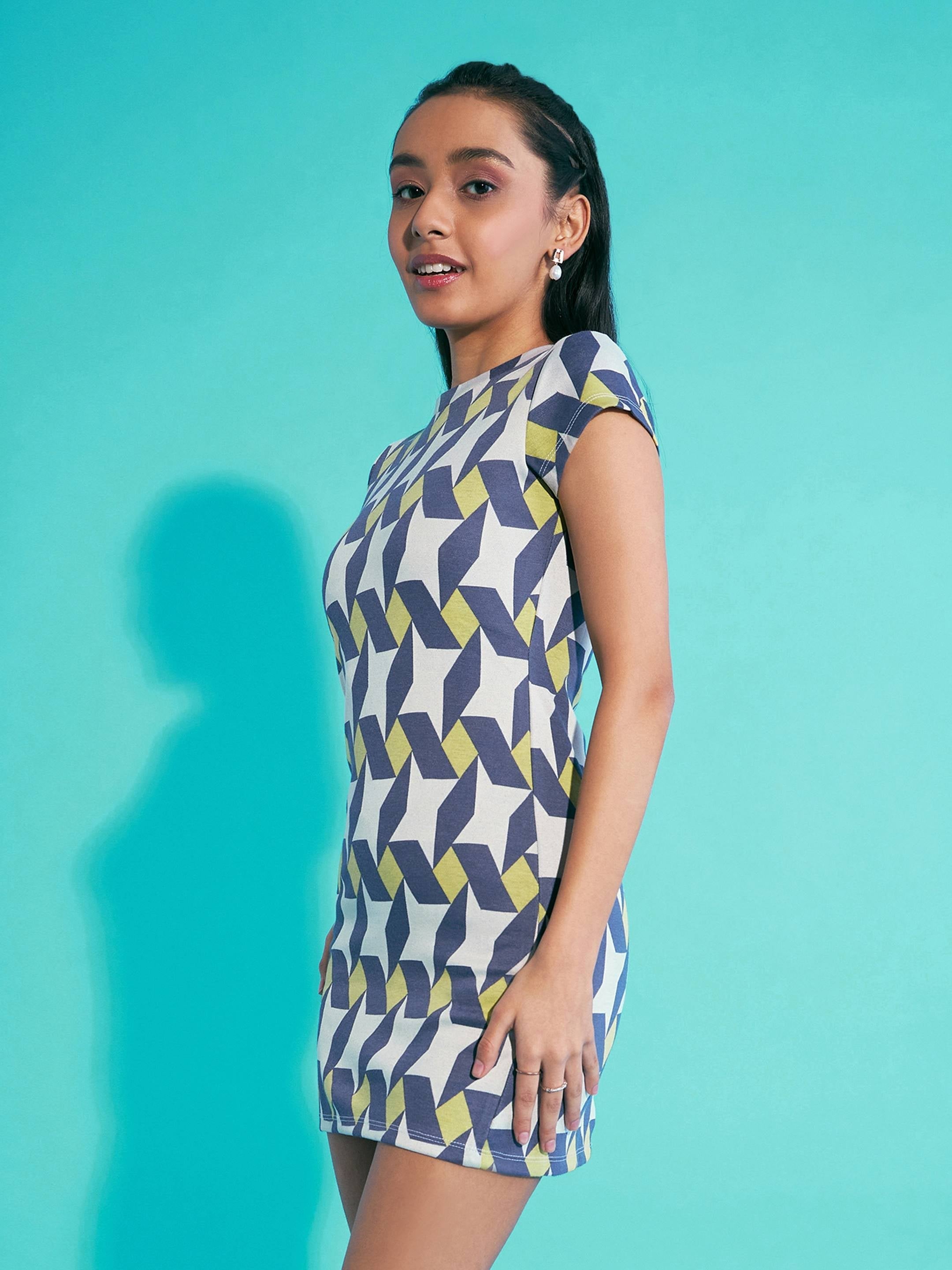 Girls White & Navy Geometric Jersey Dress