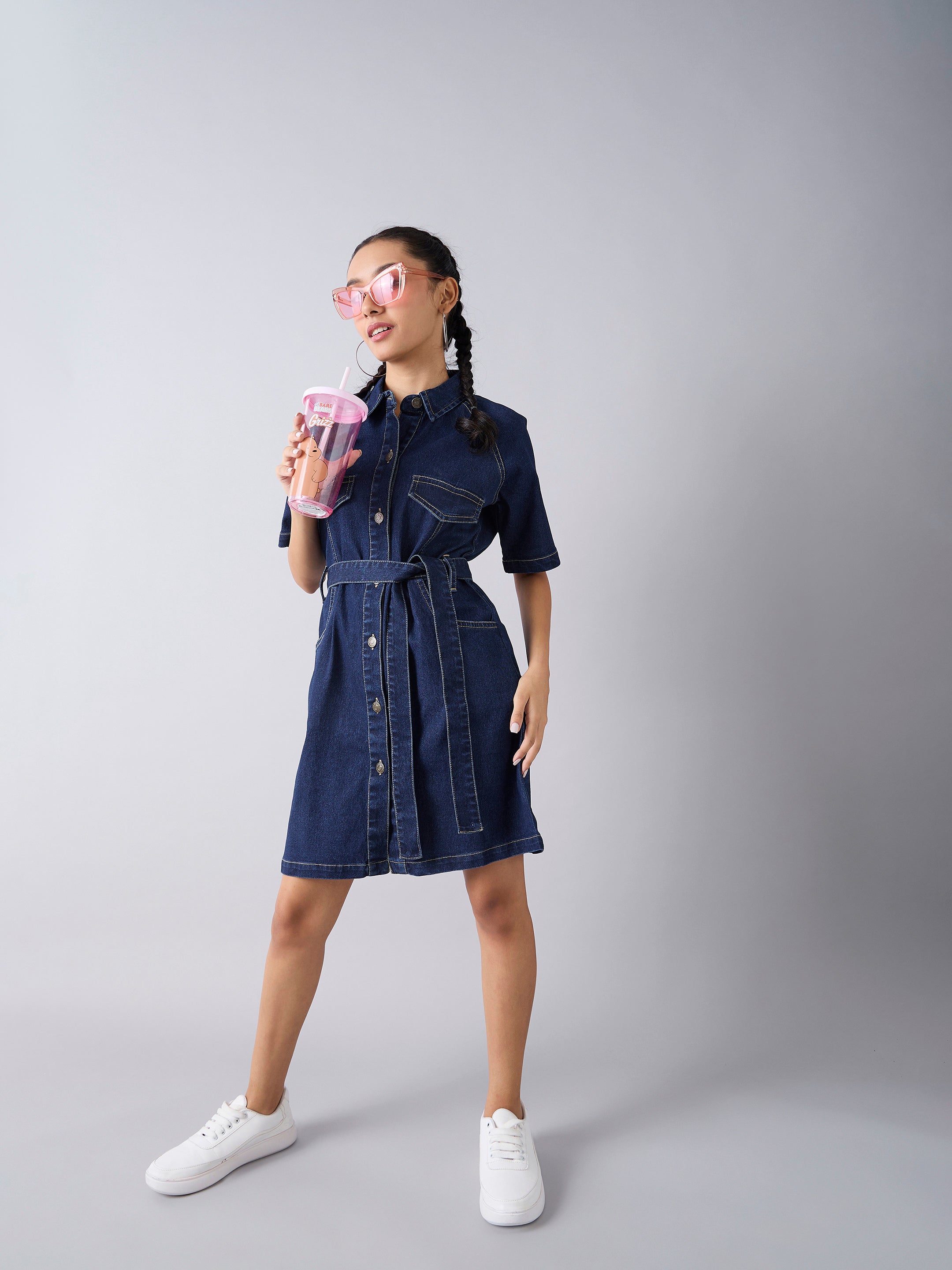 Girls Blue Acid Wash Denim Shirt Dress